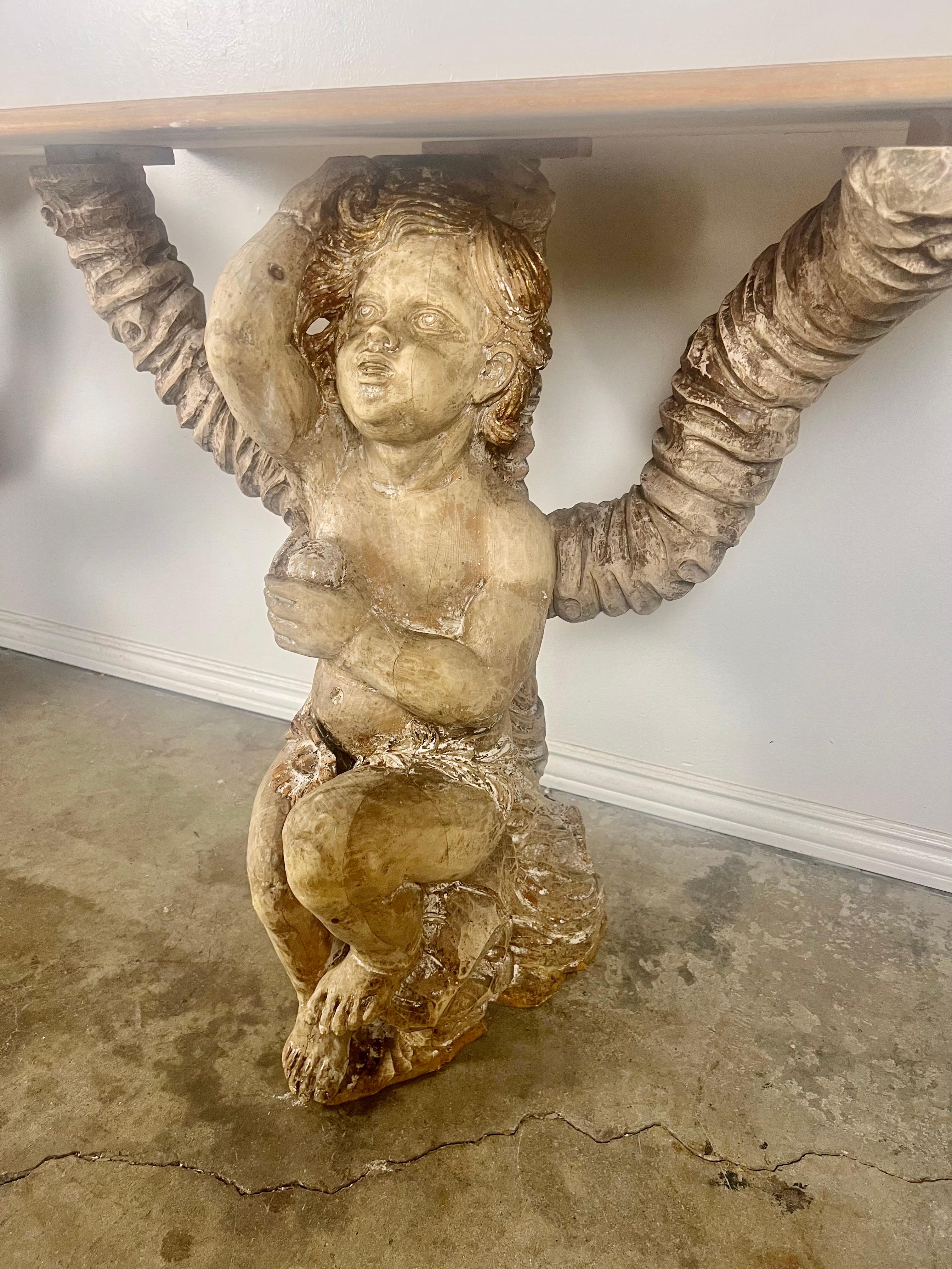 Pair of Carved Wood Cherub Consoles C. 1900's For Sale 1