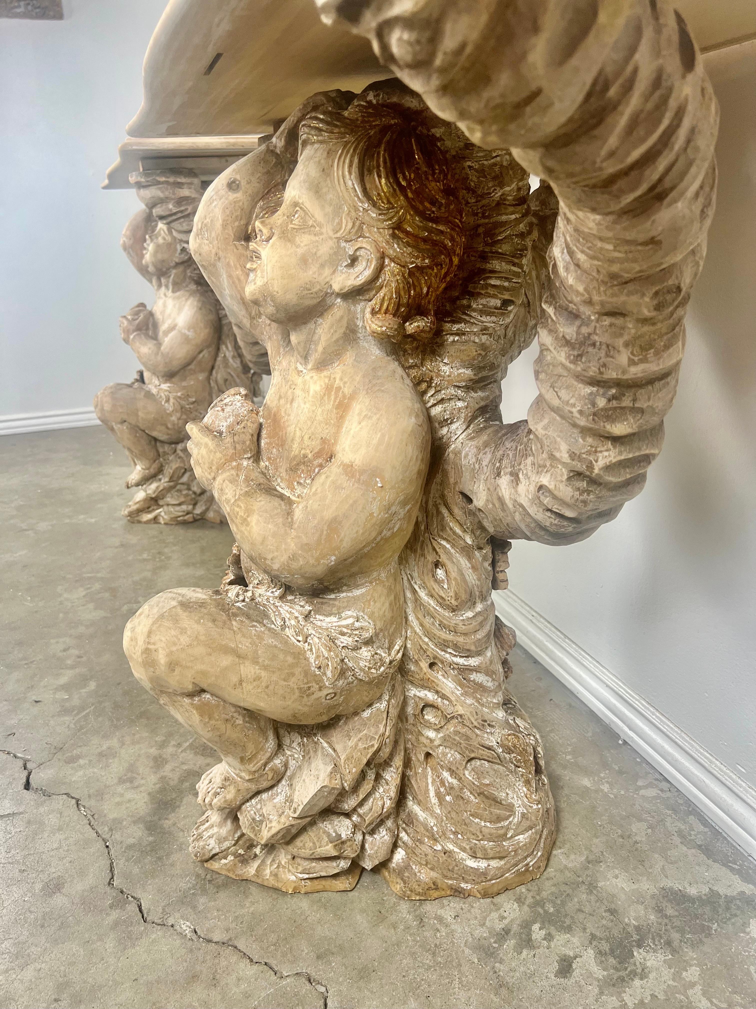 Pair of Carved Wood Cherub Consoles C. 1900's For Sale 3