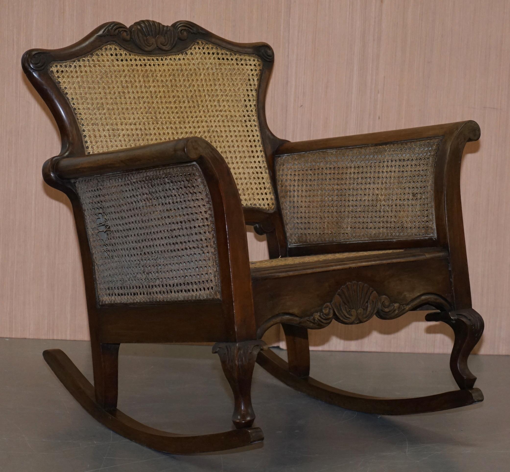 Pair of Carved Wood circa 1920s Italian Berger Rattan Rocking Armchair Chairs 9