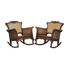 Pair of Carved Wood circa 1920s Italian Berger Rattan Rocking Armchair Chairs