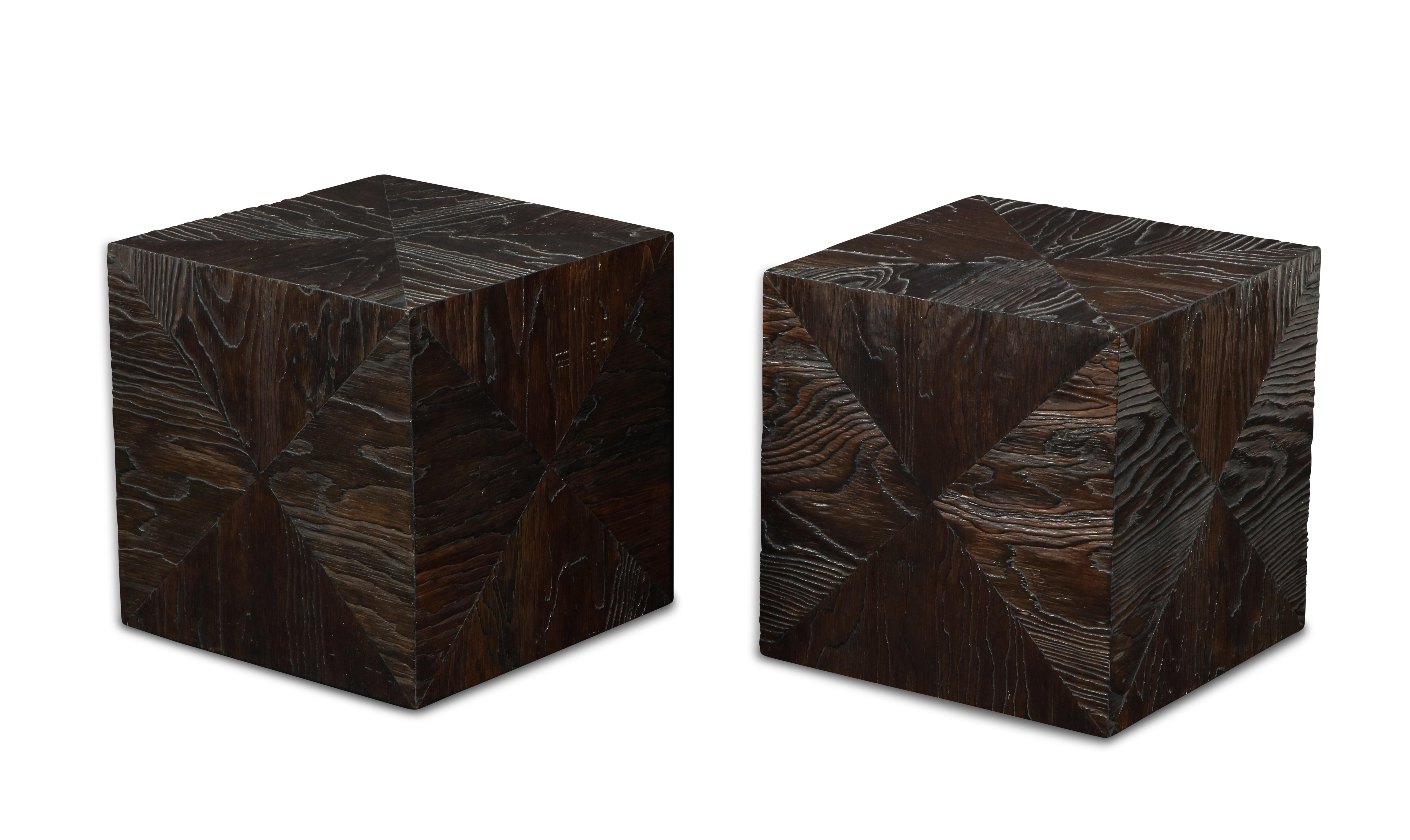 American Pair of Carved Wood Cube Tables