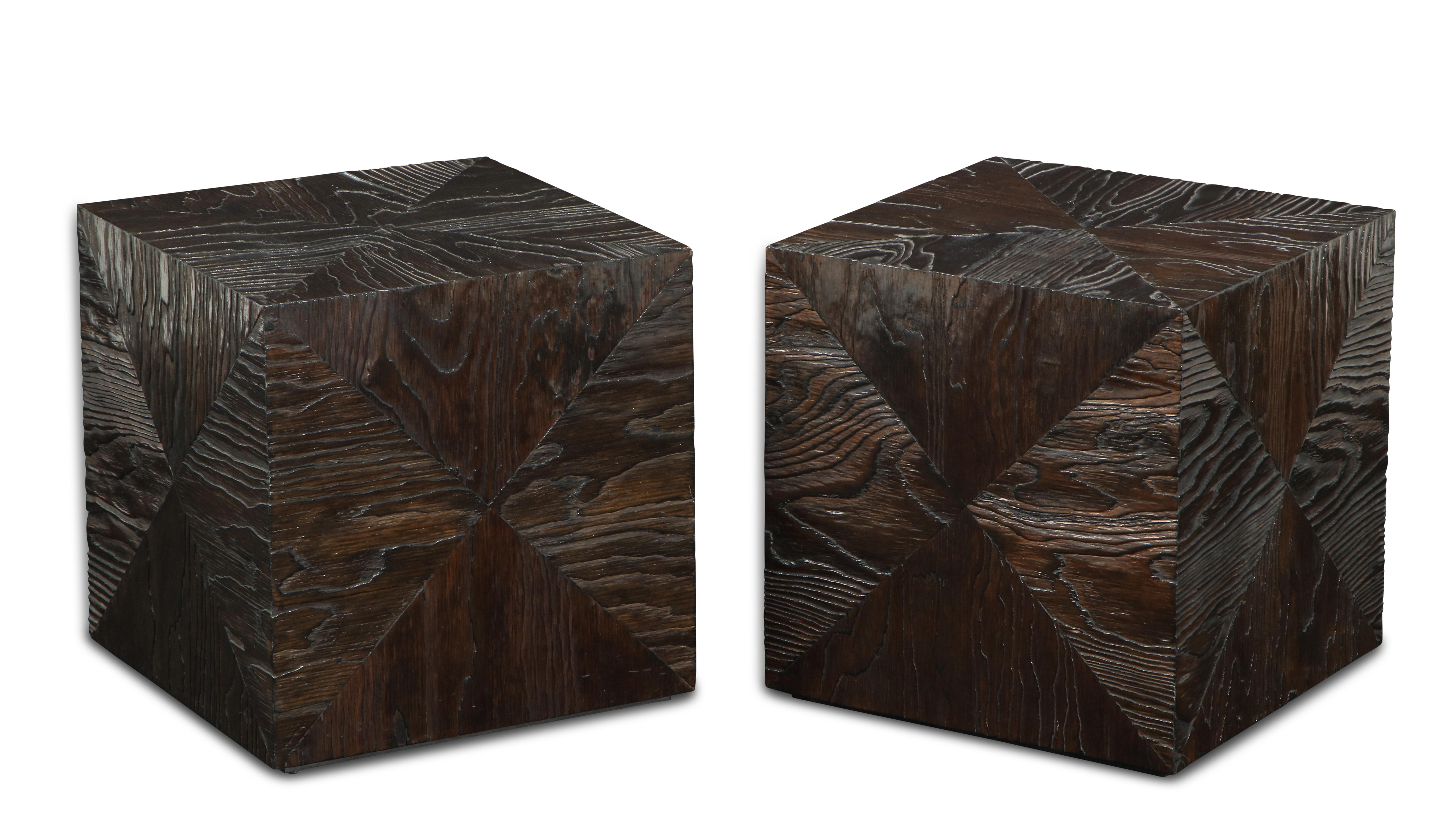 Contemporary Pair of Carved Wood Cube Tables