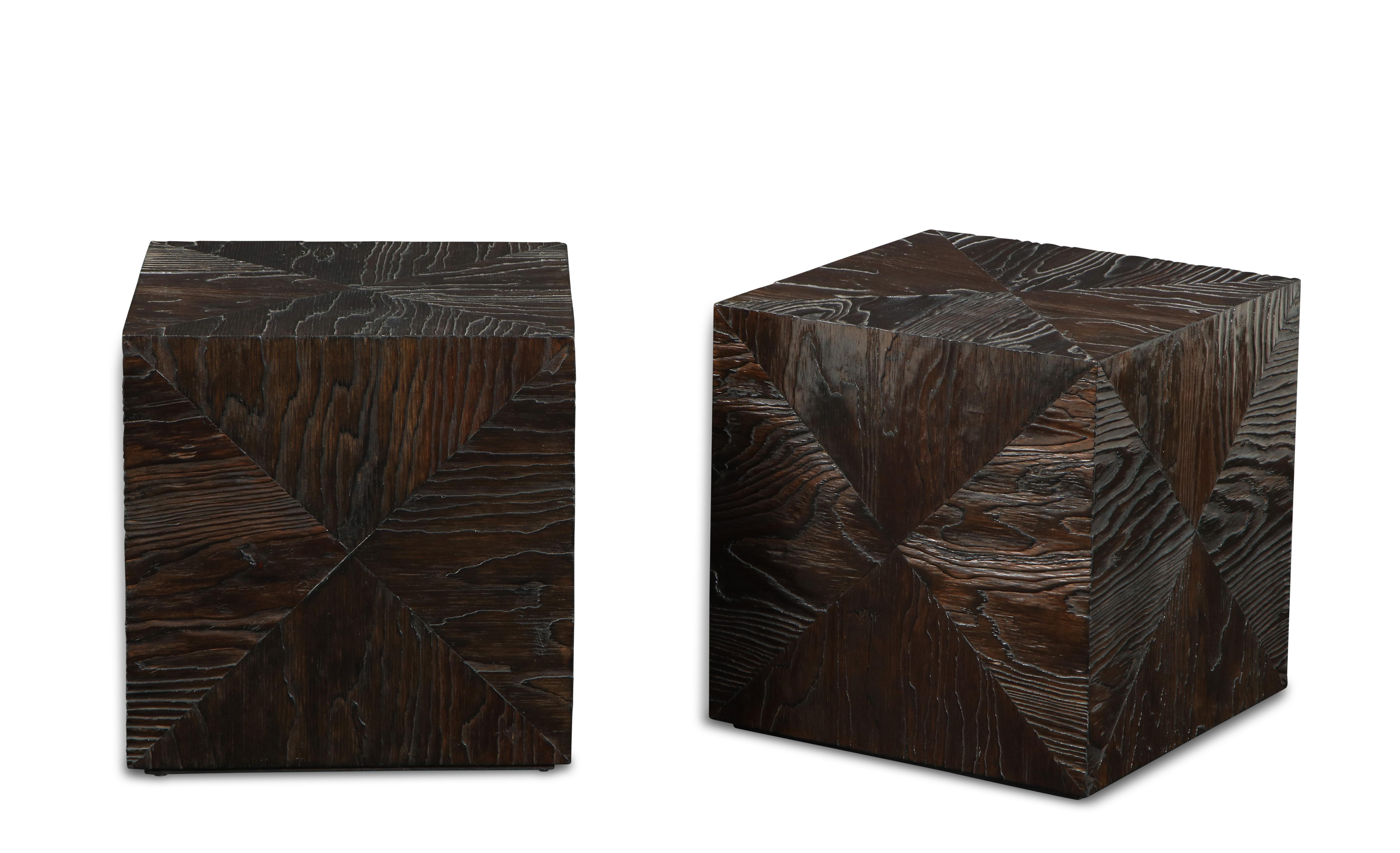 Pair of Carved Wood Cube Tables 1