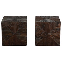 Pair of Carved Wood Cube Tables