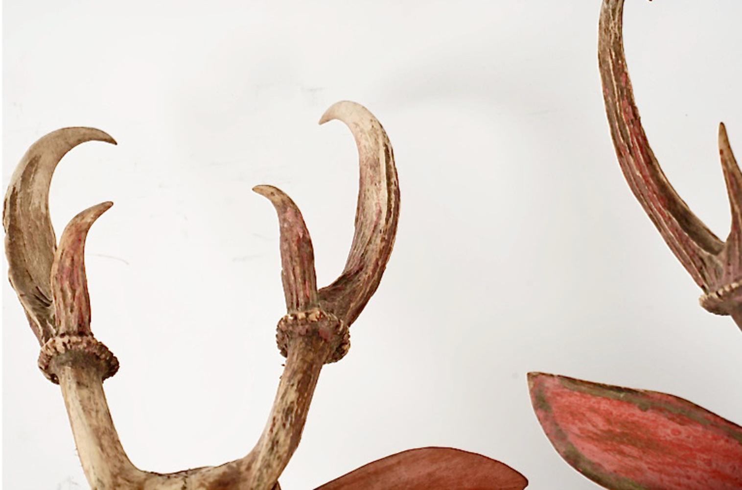 Il s'agit d'une magnifique paire de têtes de cerf sculptées datant du début ou du milieu du XIXe siècle, qui ont été complétées par de véritables bois de chevreuil.  Les sculptures présentent une patine profonde et l'une des oreilles est usée. Nous