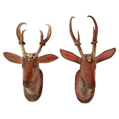 Pair of Carved Wood Deer with Roe Buck Antlers