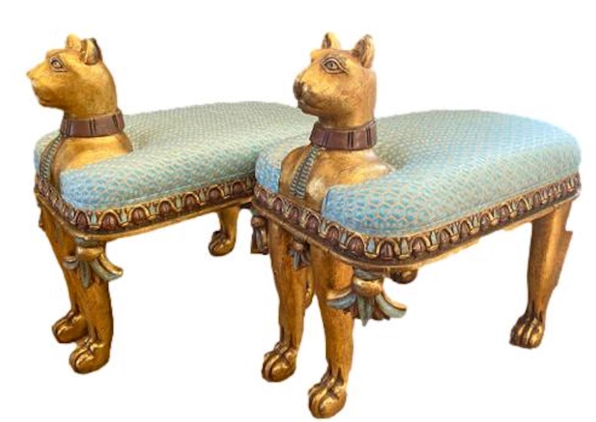 Pair of Carved Wood Egyptian Revival Cat Benches For Sale 3