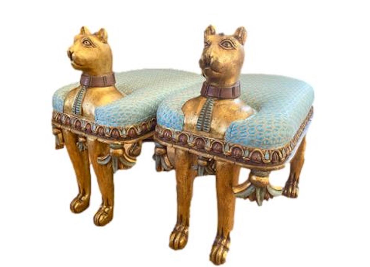 Pair of Carved Wood Egyptian Revival Cat Benches For Sale 2