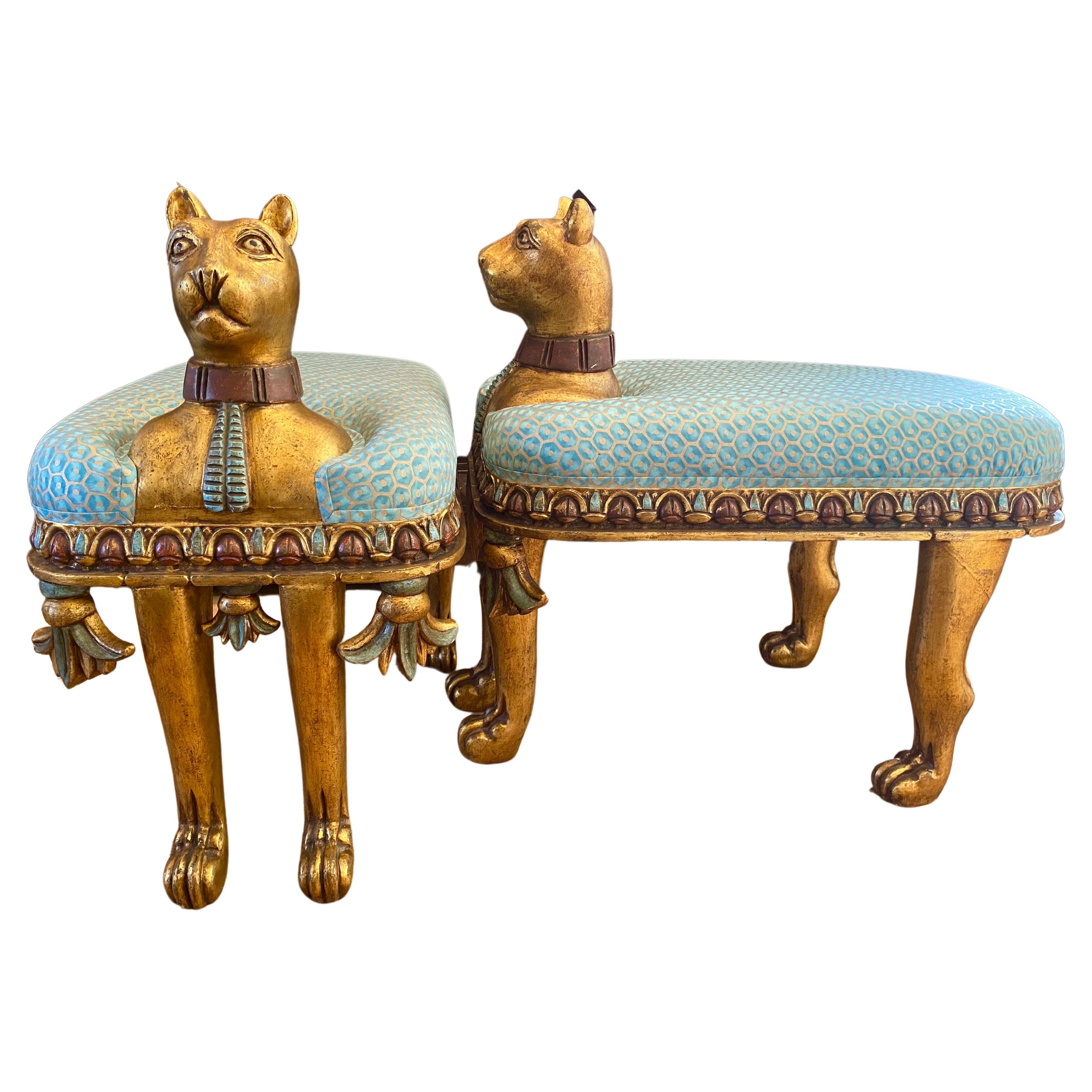 Pair of Carved Wood Egyptian Revival Cat Benches For Sale