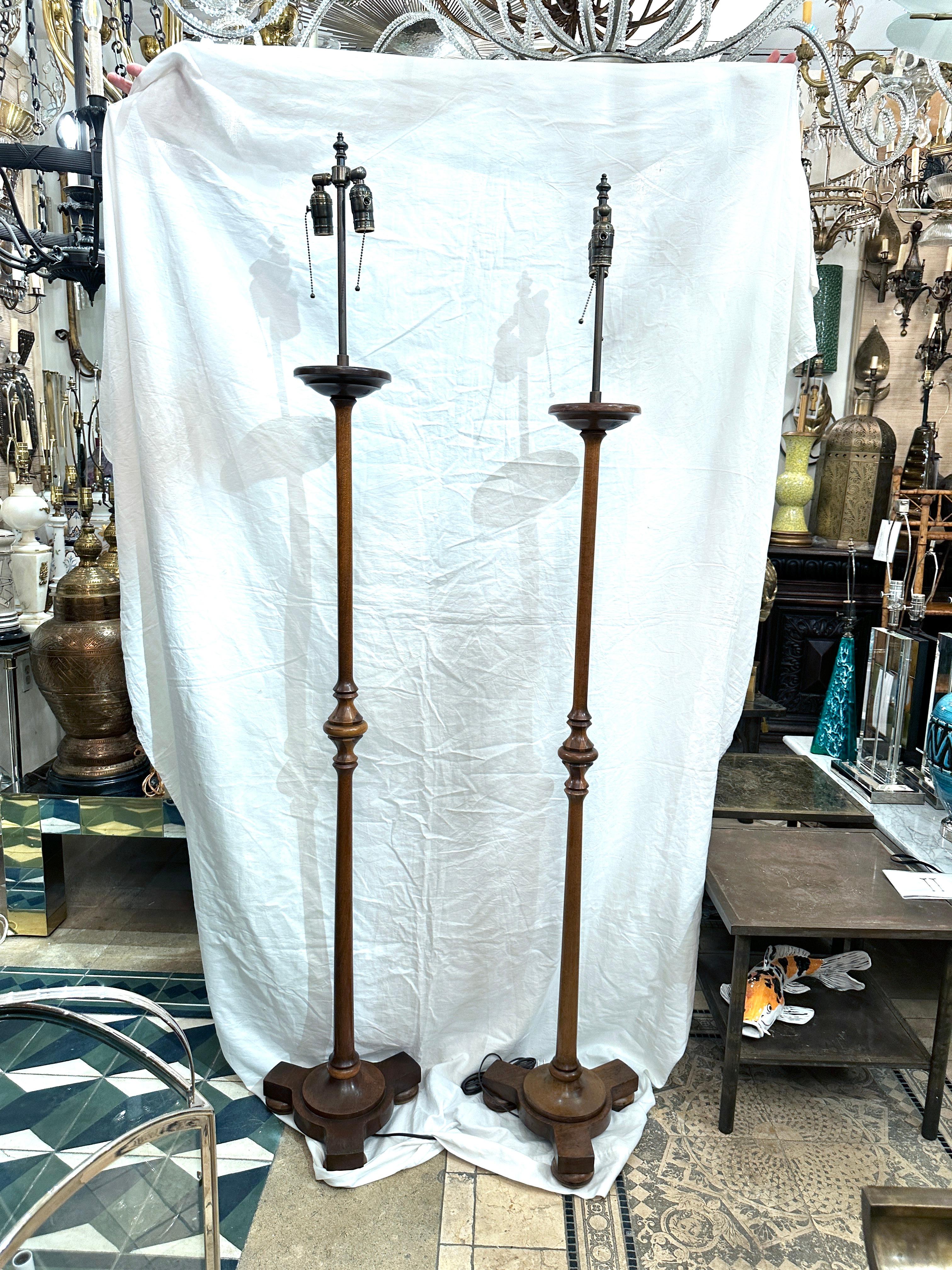 Early 20th Century Pair of Carved Wood Floor Lamps, Sold Individually  For Sale