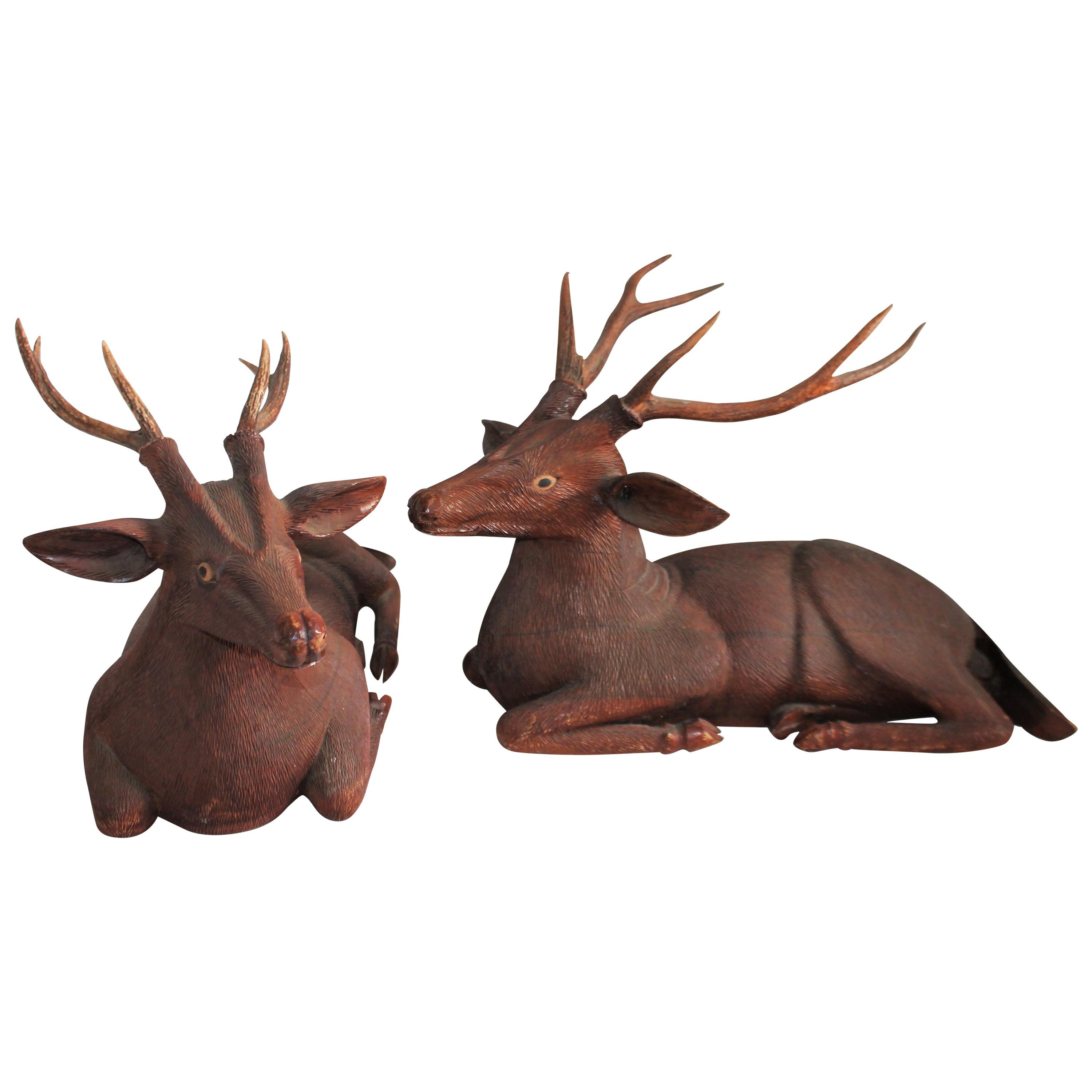 Pair of Carved Wood Folk Art Deer For Sale