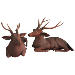 Antique Pair of Carved Wood Folk Art Deer