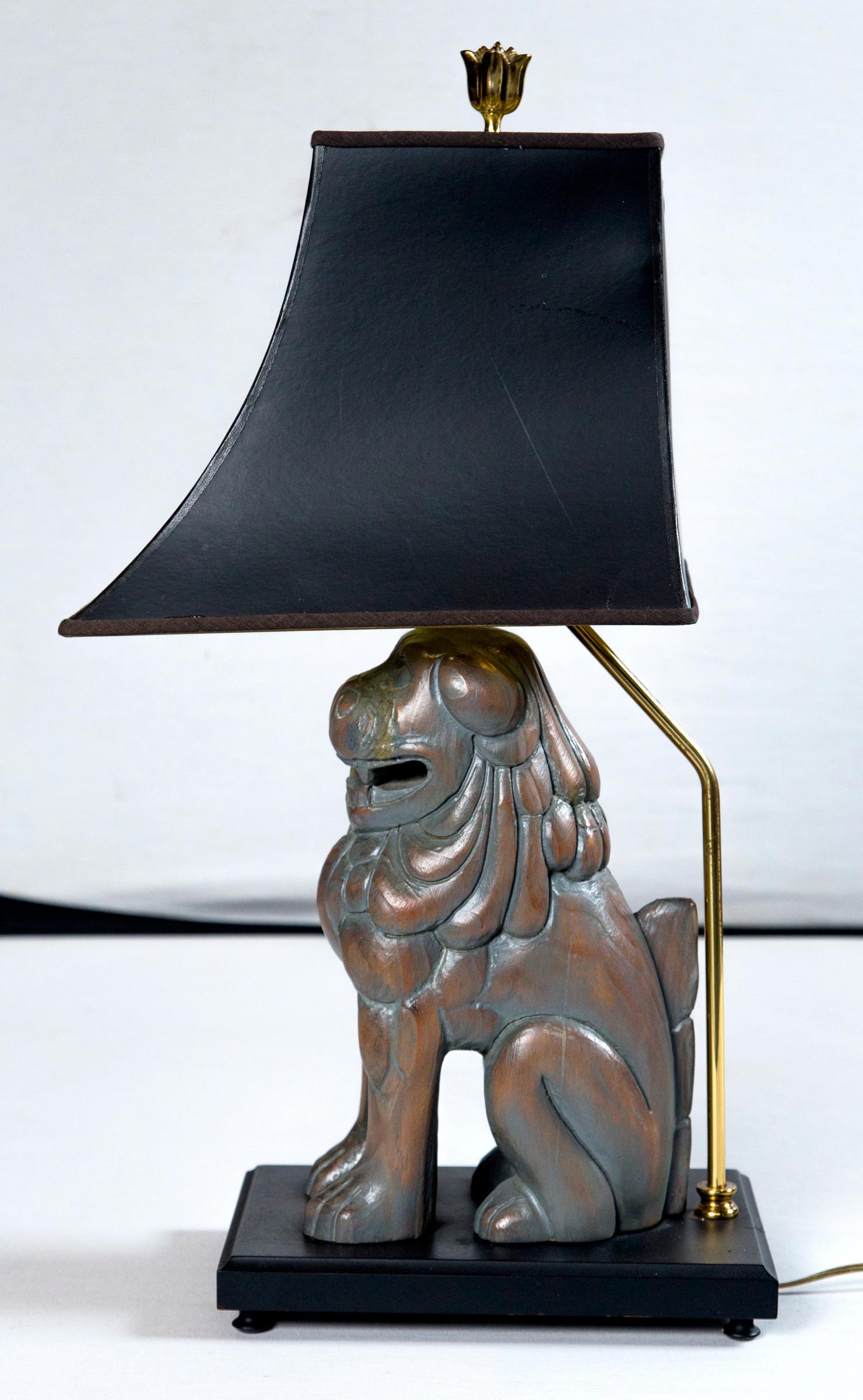 Spanish Pair of Carved Wood Foo Dog Lamps by Sarreid  For Sale