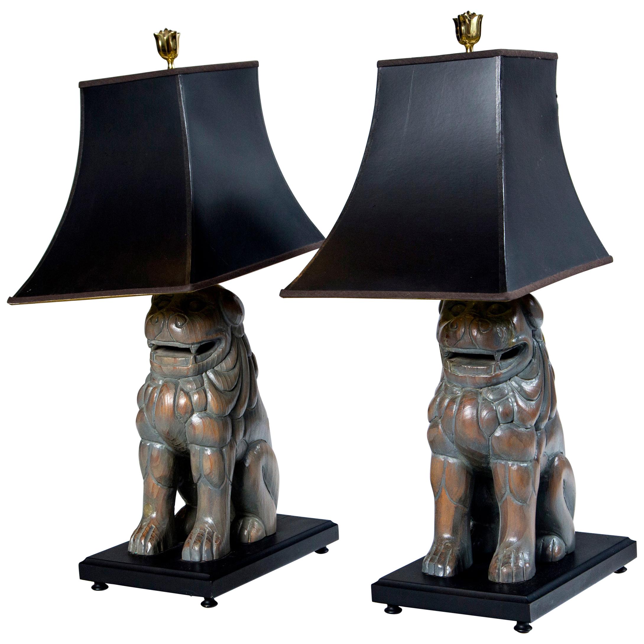 Pair of Carved Wood Foo Dog Lamps by Sarreid 