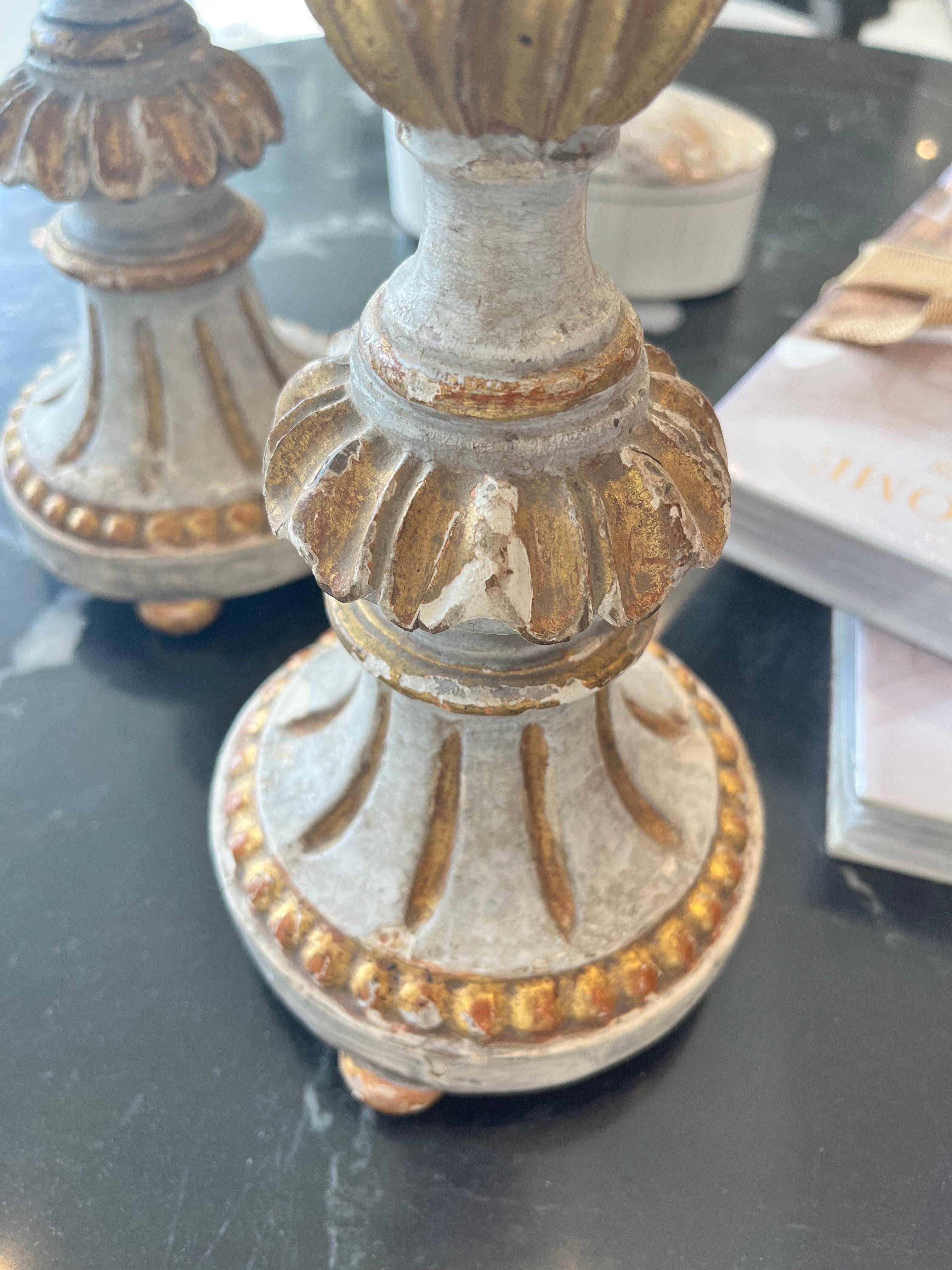 French Provincial Pair of Carved Wood Gilded Candlesticks