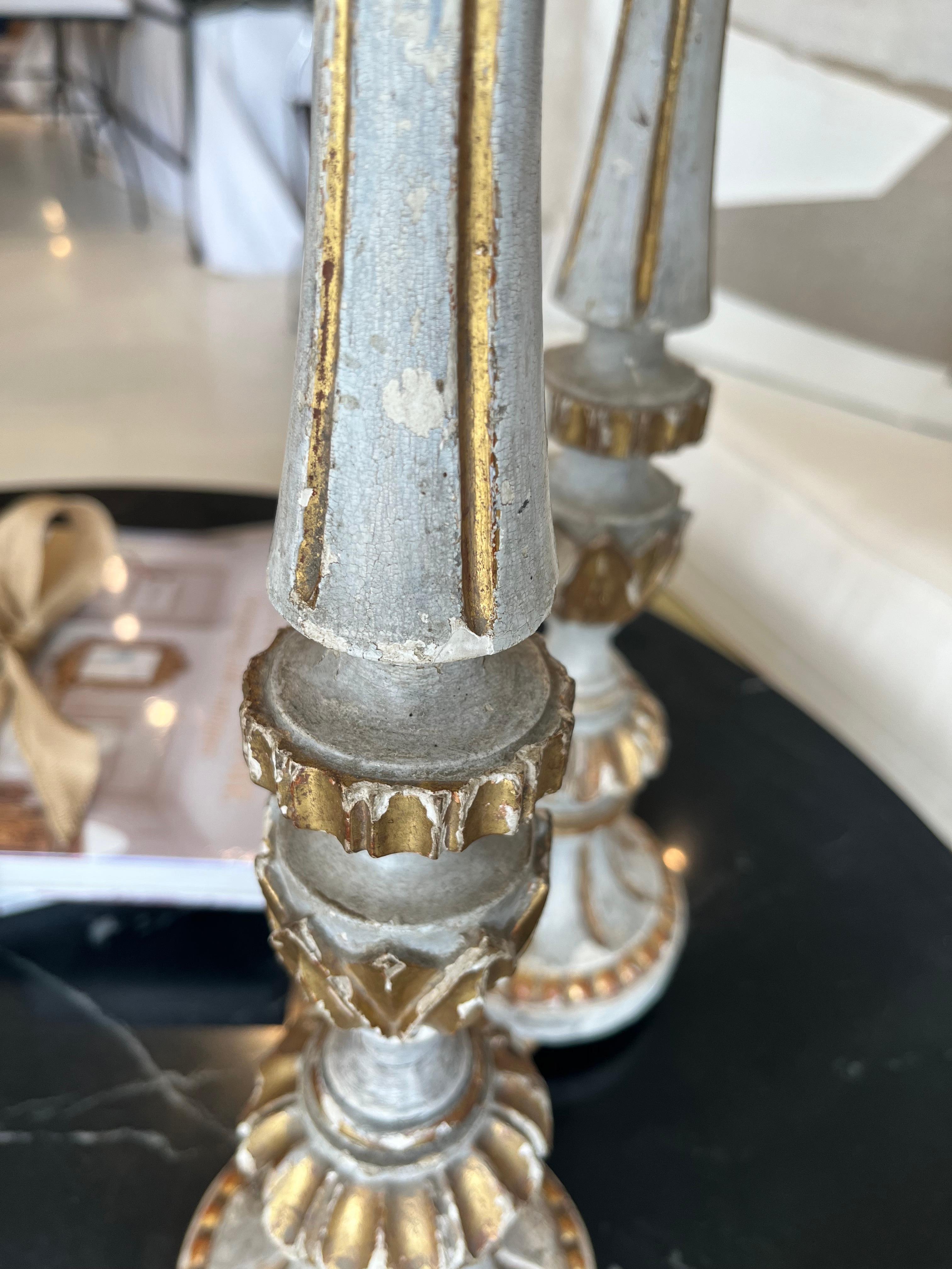 Pair of Carved Wood Gilded Candlesticks In Fair Condition In New Orleans, LA