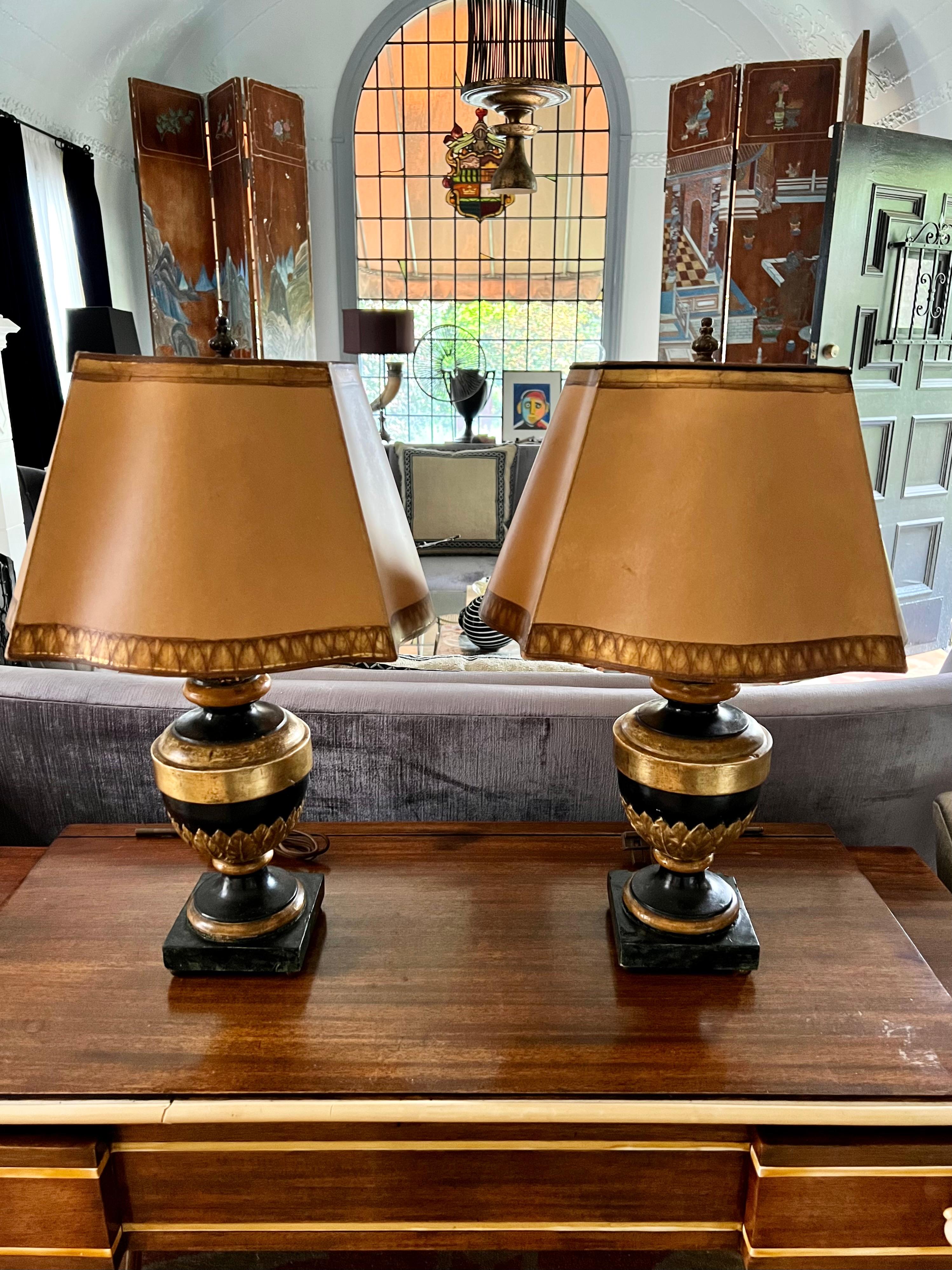 Pair of Carved Wood Gilt and Faux Marble Base Lamps with Matching Gilt Shades For Sale 6