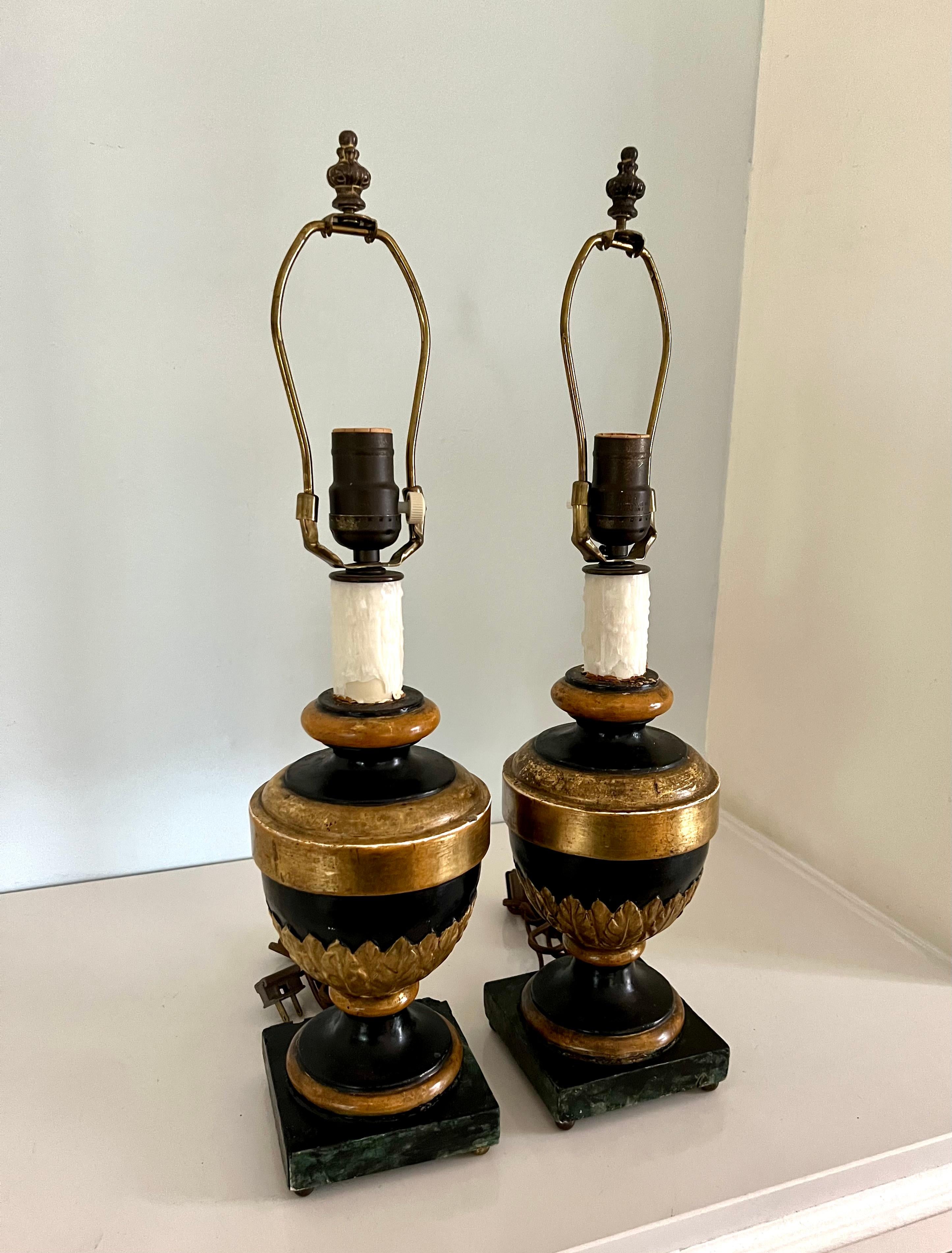 Pair of Carved Wood Gilt and Faux Marble Base Lamps with Matching Gilt Shades In Good Condition For Sale In Los Angeles, CA