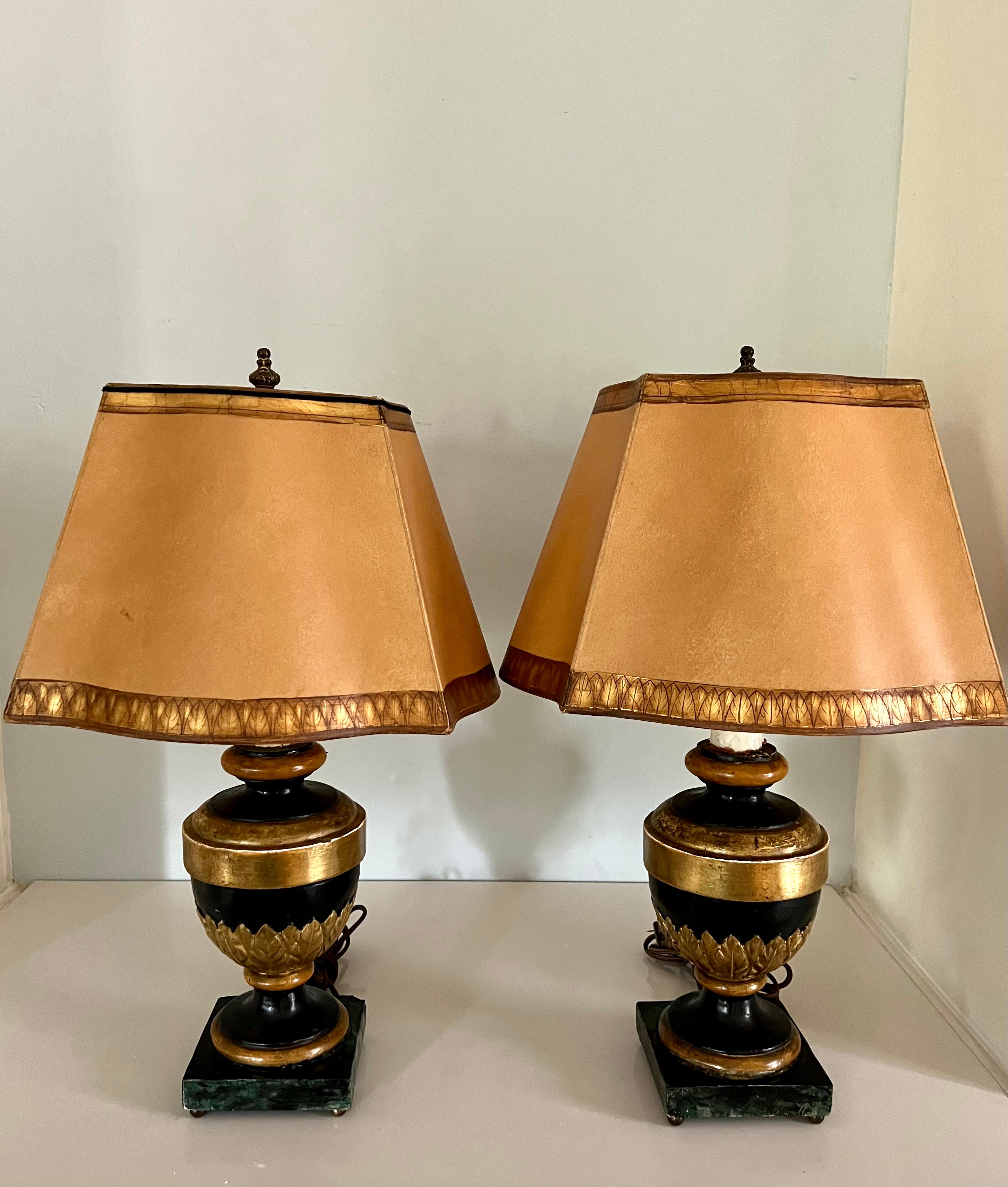 20th Century Pair of Carved Wood Gilt and Faux Marble Base Lamps with Matching Gilt Shades For Sale