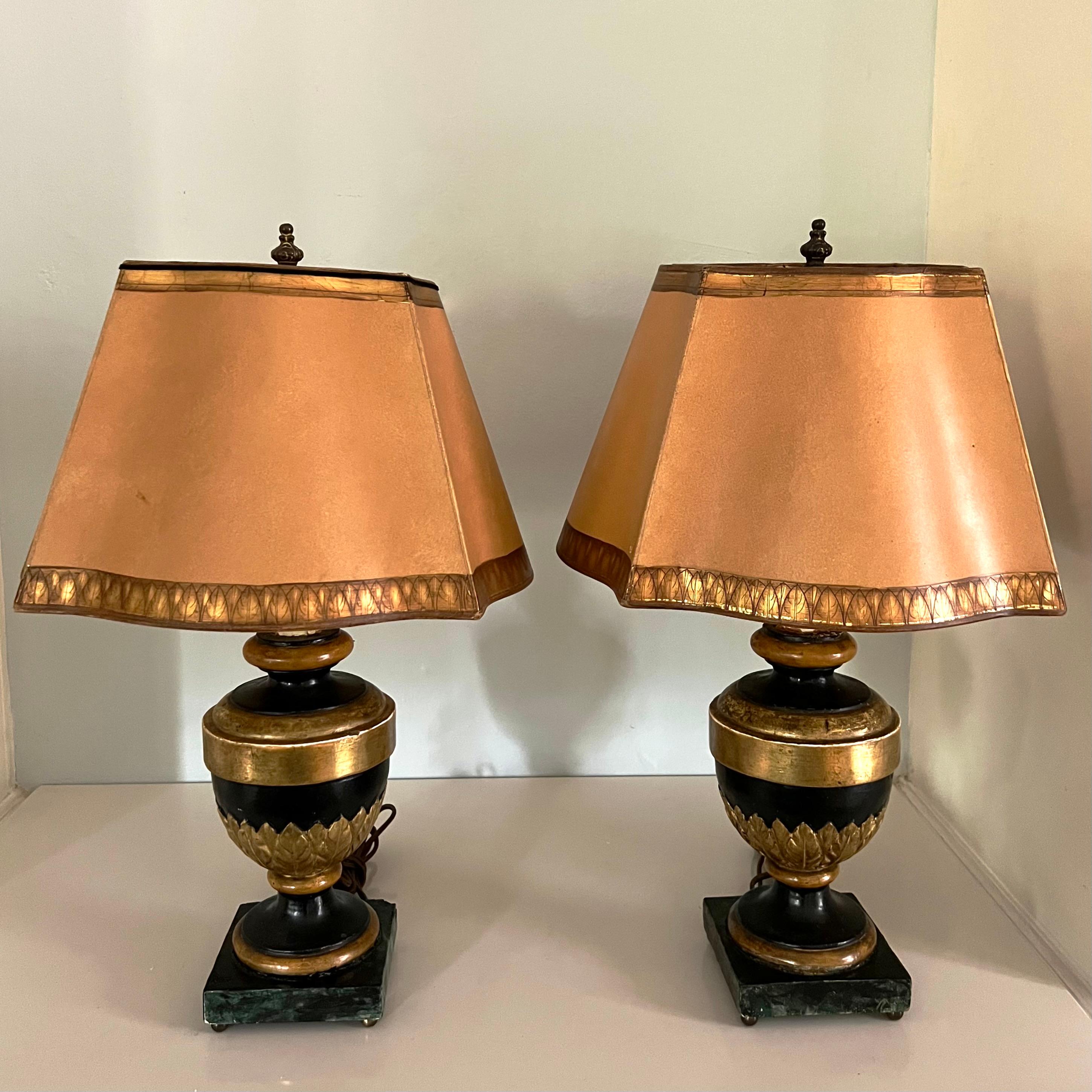 Pair of Carved Wood Gilt and Faux Marble Base Lamps with Matching Gilt Shades For Sale 1