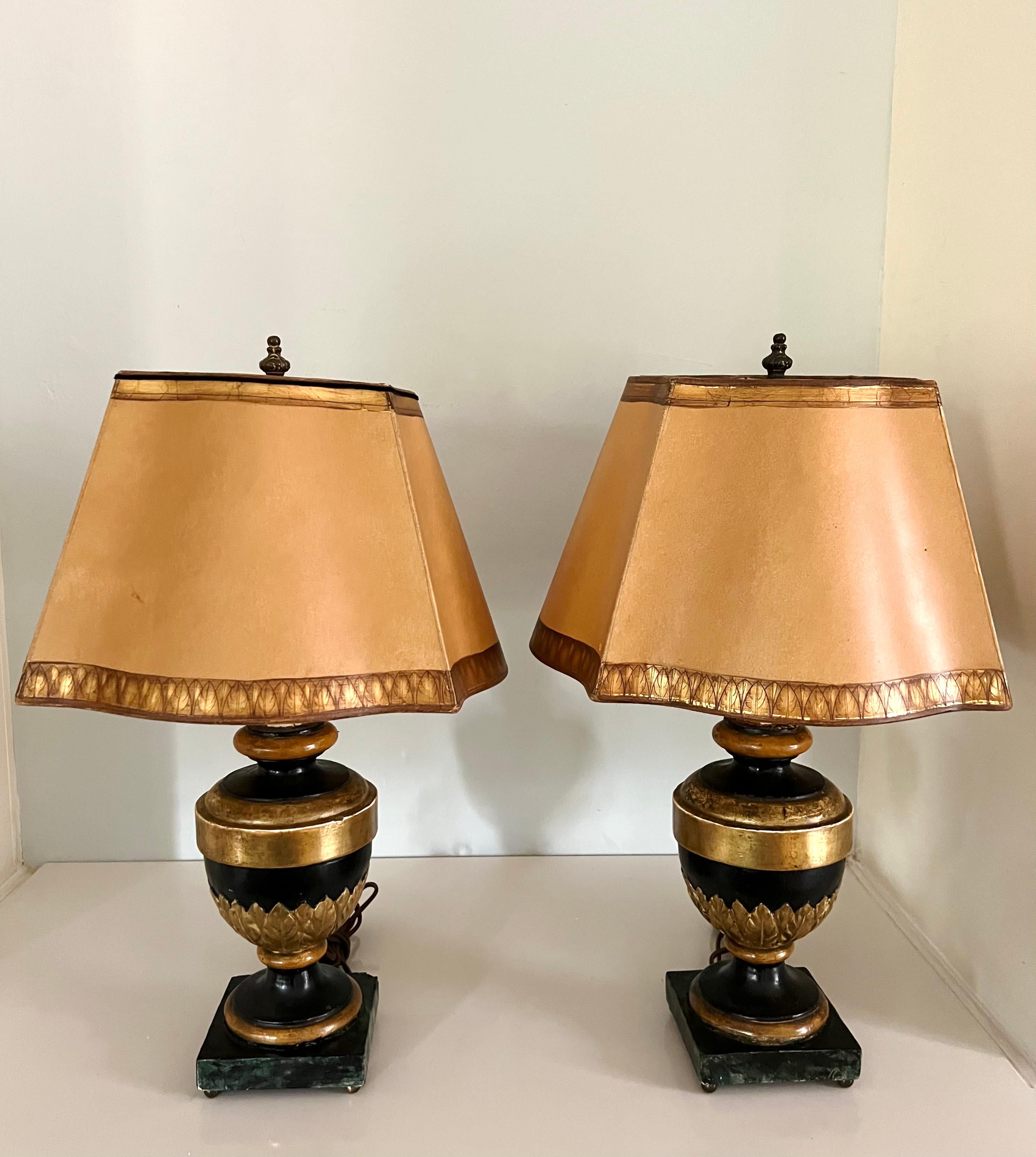 Pair of Carved Wood Gilt and Faux Marble Base Lamps with Matching Gilt Shades For Sale 2