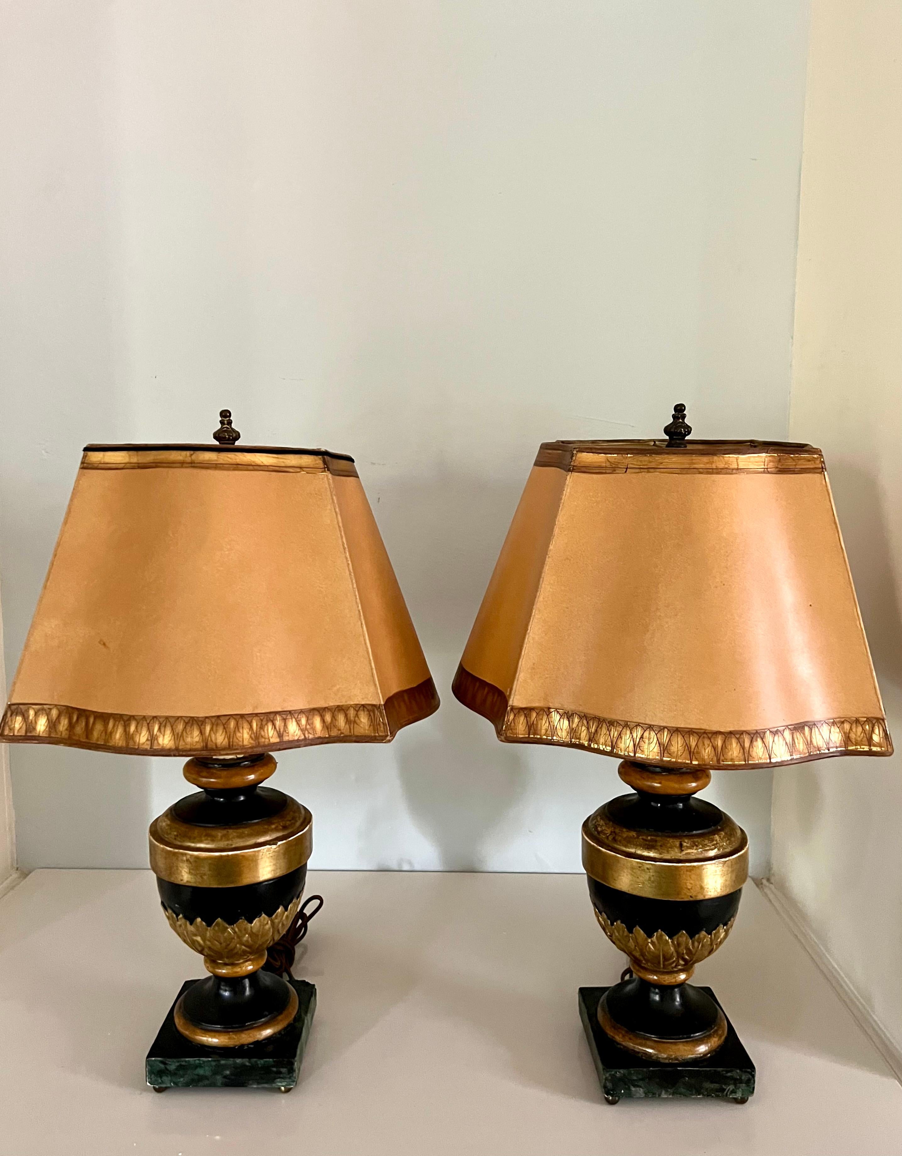 Pair of Carved Wood Gilt and Faux Marble Base Lamps with Matching Gilt Shades For Sale 4