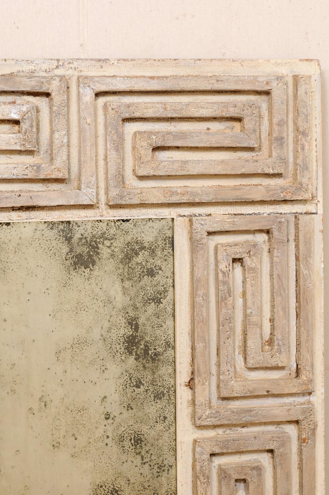 Pair of Carved Wood Greek Key Motif Antiqued Mirrors from the 20th Century 1