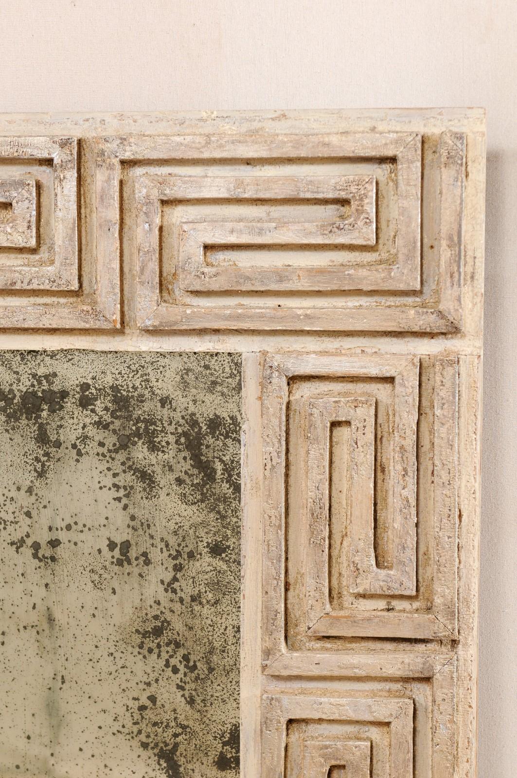 Pair of Carved Wood Greek Key Motif Antiqued Mirrors from the 20th Century 5