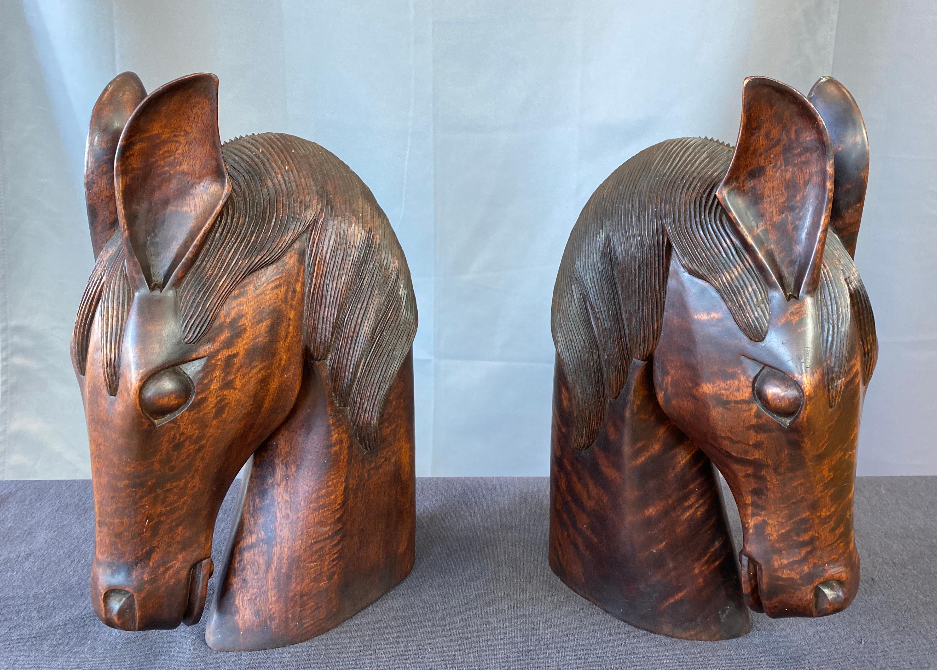 Mid-Century Modern Pair of Carved Wood Horse Heads