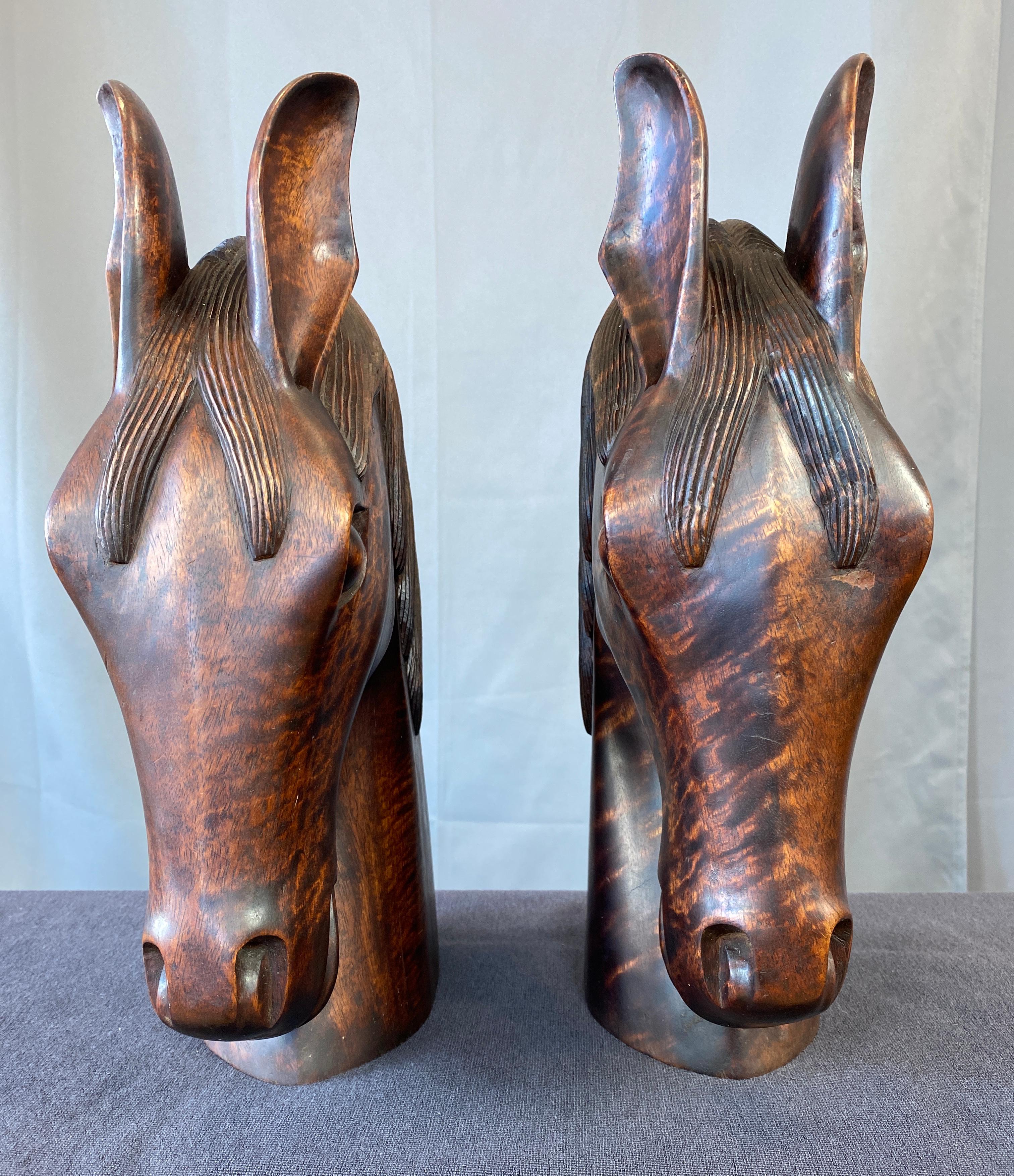 American Pair of Carved Wood Horse Heads