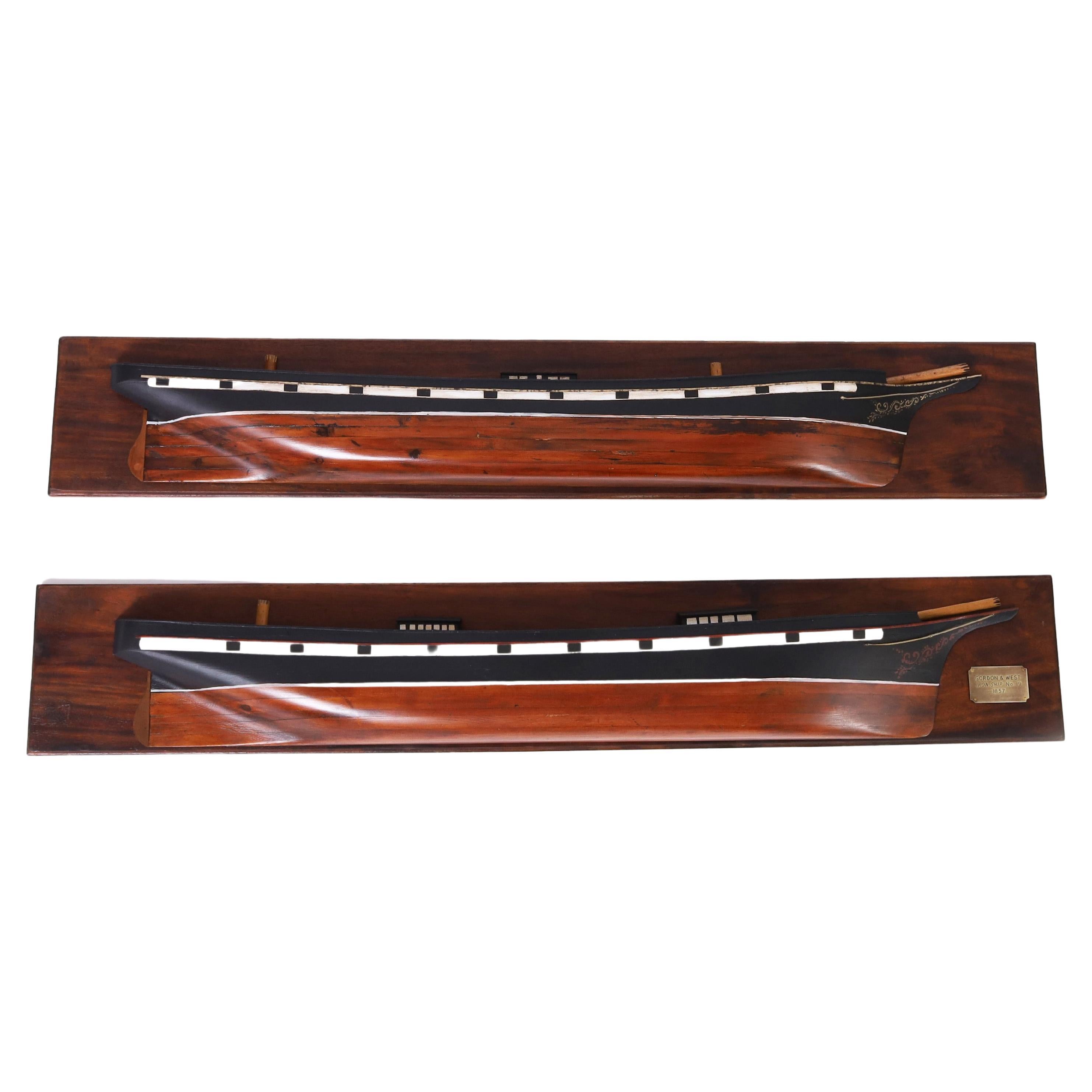 Pair of Carved Wood Iron Ship Half Hull Models For Sale