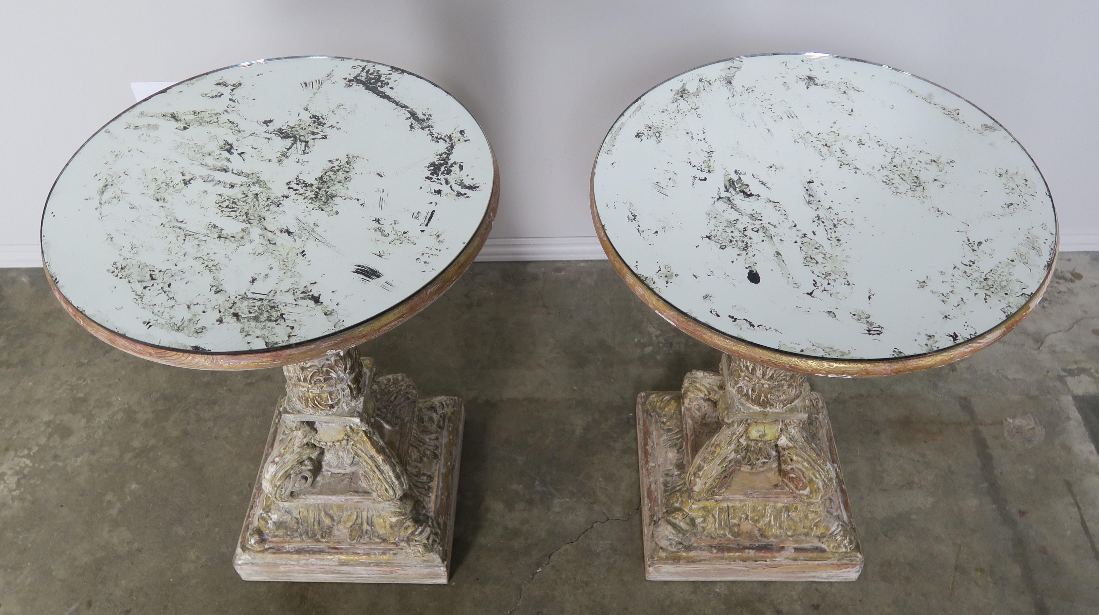 Bleached Pair of Carved Wood Italian Tables with Mirrored Tops