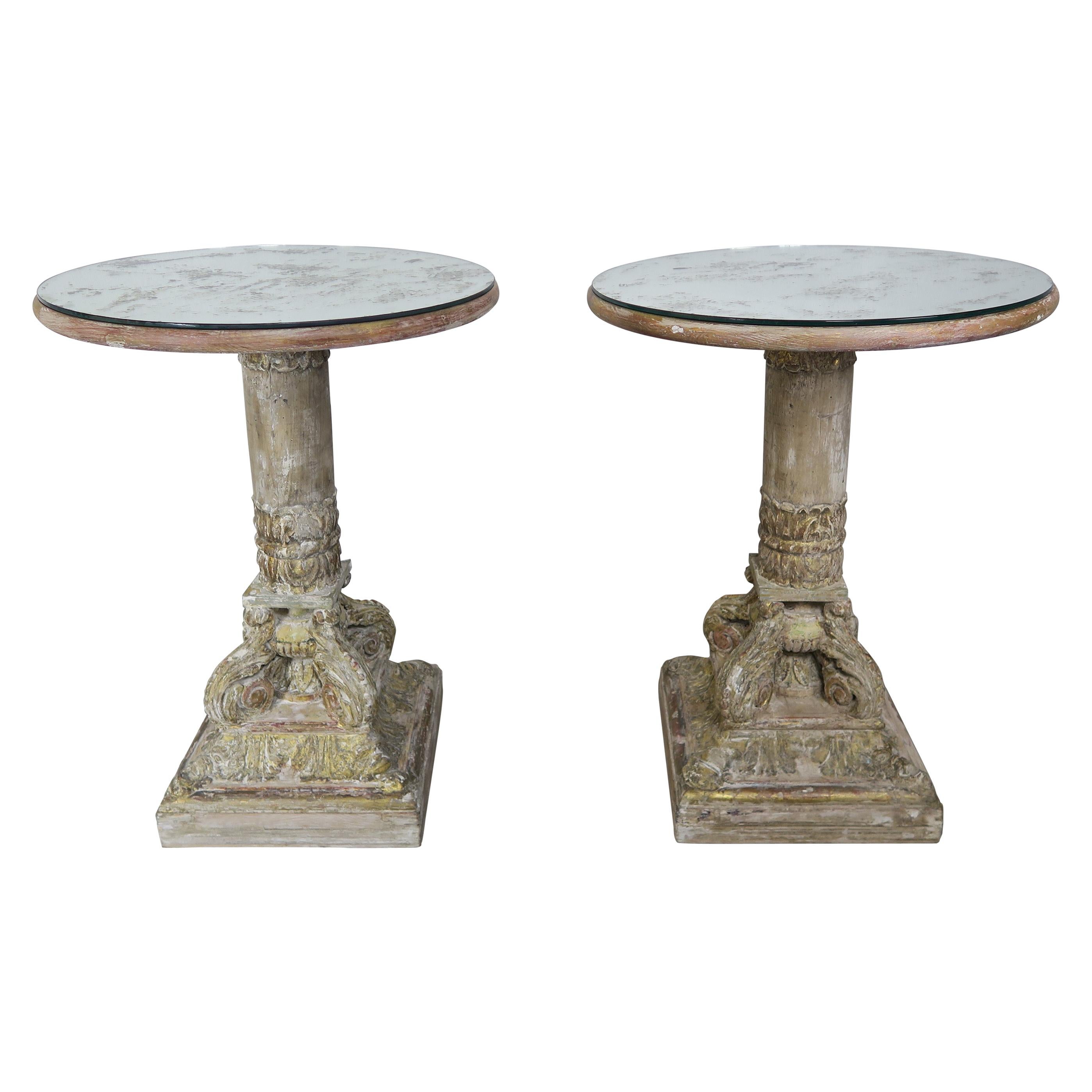 Pair of Carved Wood Italian Tables with Mirrored Tops