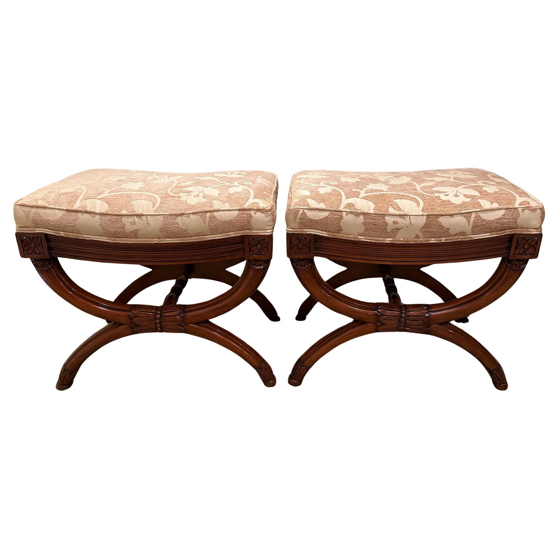 Pair of Carved Wood Karges Benches with Neutral Plush Upholstery en vente