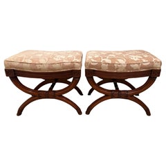 Pair of Carved Wood Karges Benches with Neutral Plush Upholstery