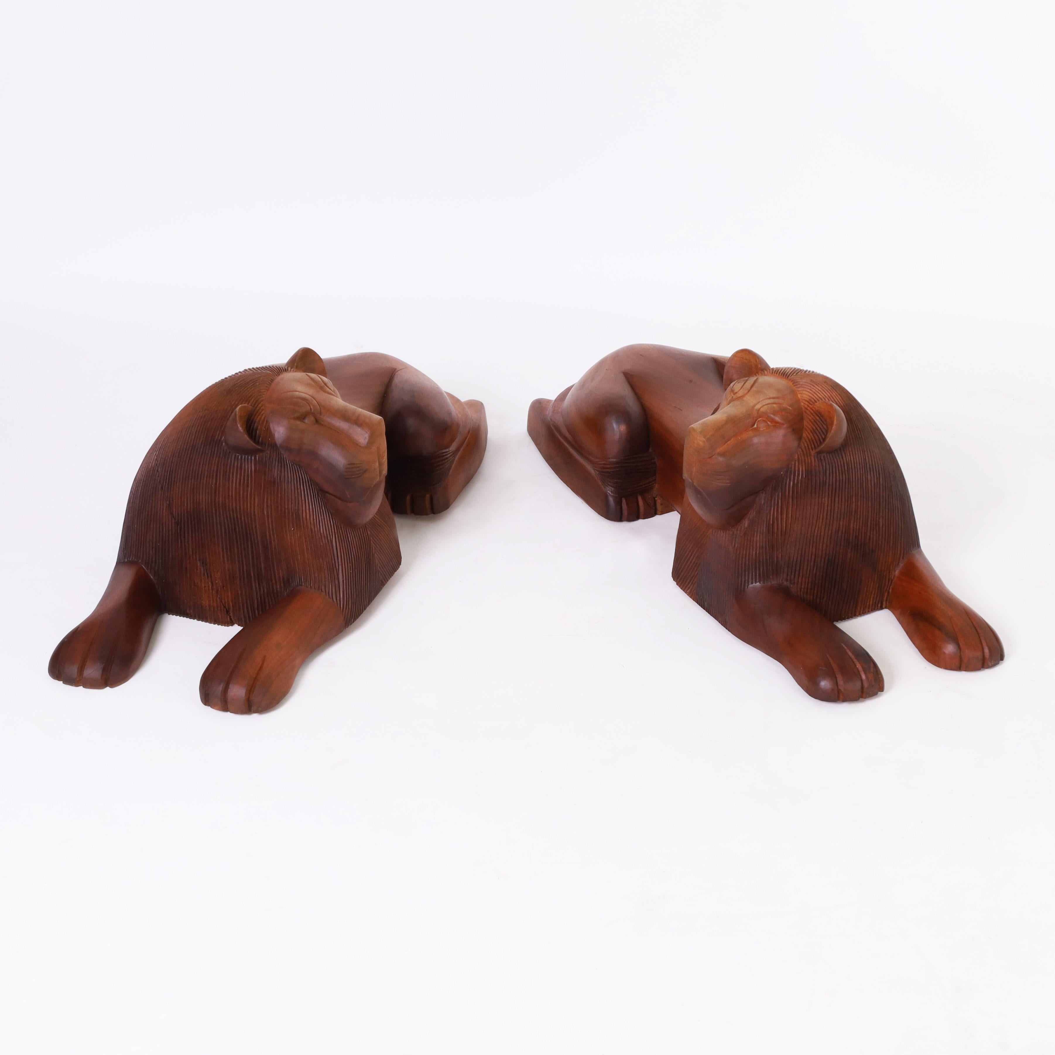 Rare and remarkable pair of mid century lions in repose hand carved, in a stylized modern form, from the Cammatillo tree or Kingwood grown in the Minas Gerais region of Brazil.