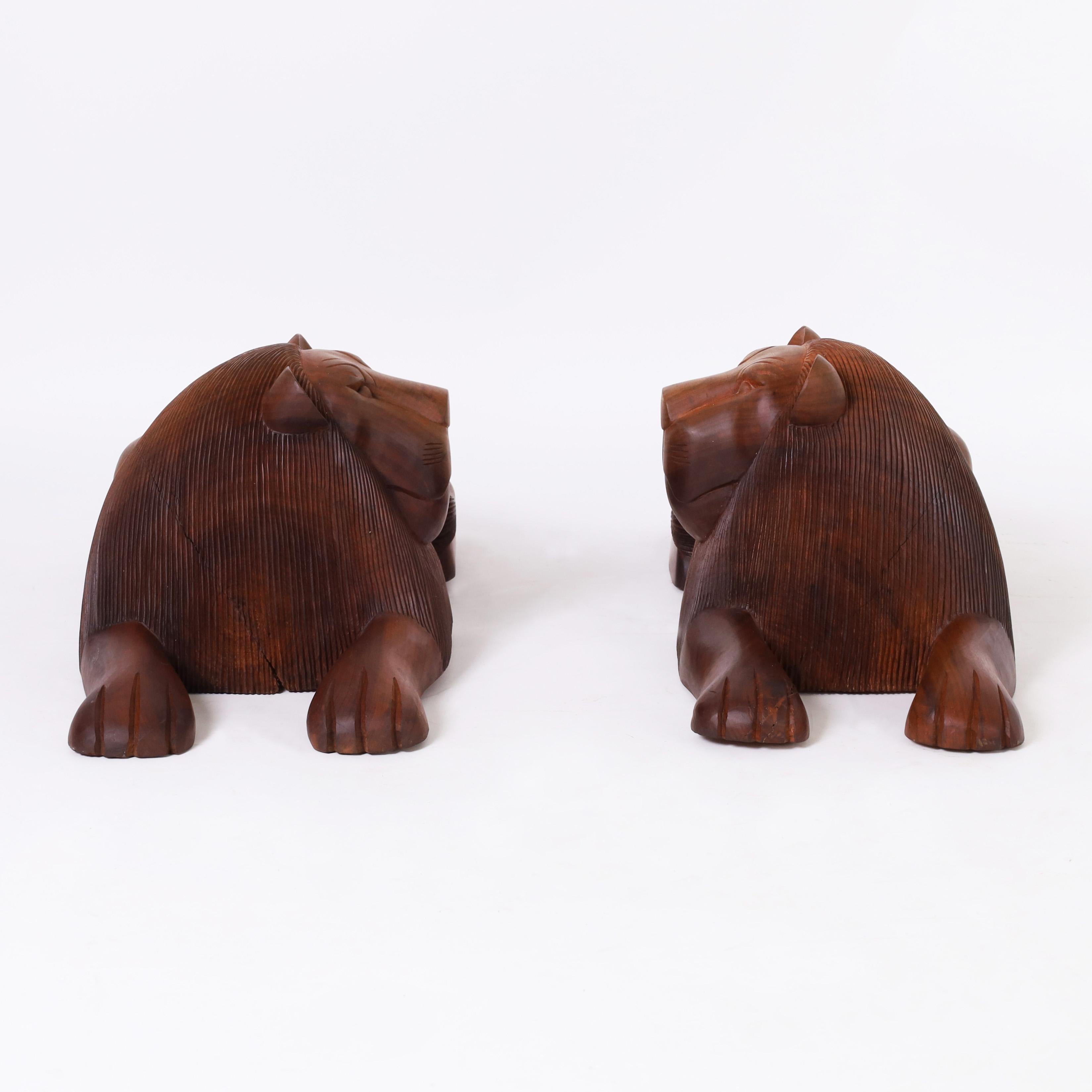 Brazilian Pair of  Carved Wood Lions from  Minas Gerais For Sale
