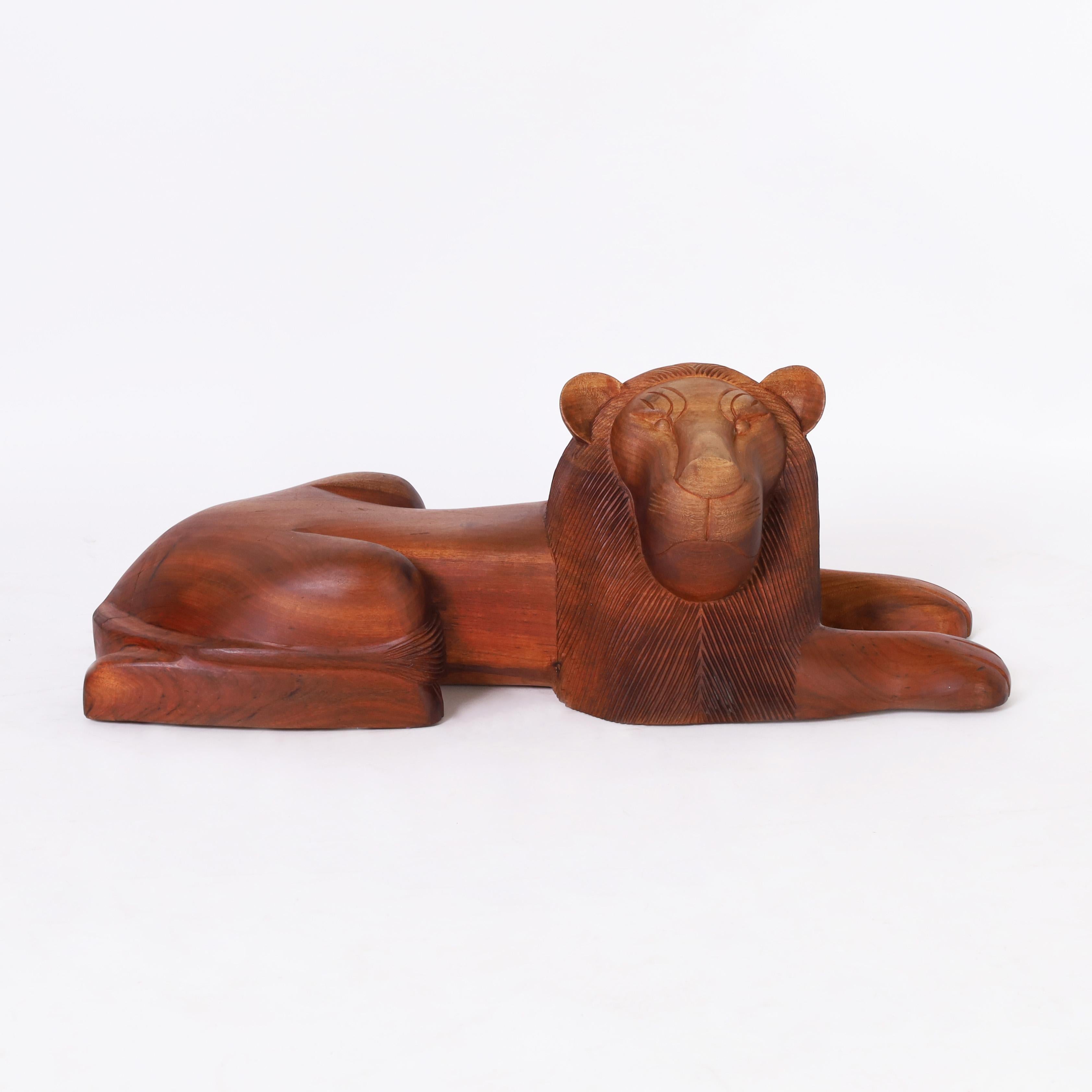 Hand-Carved Pair of  Carved Wood Lions from  Minas Gerais For Sale