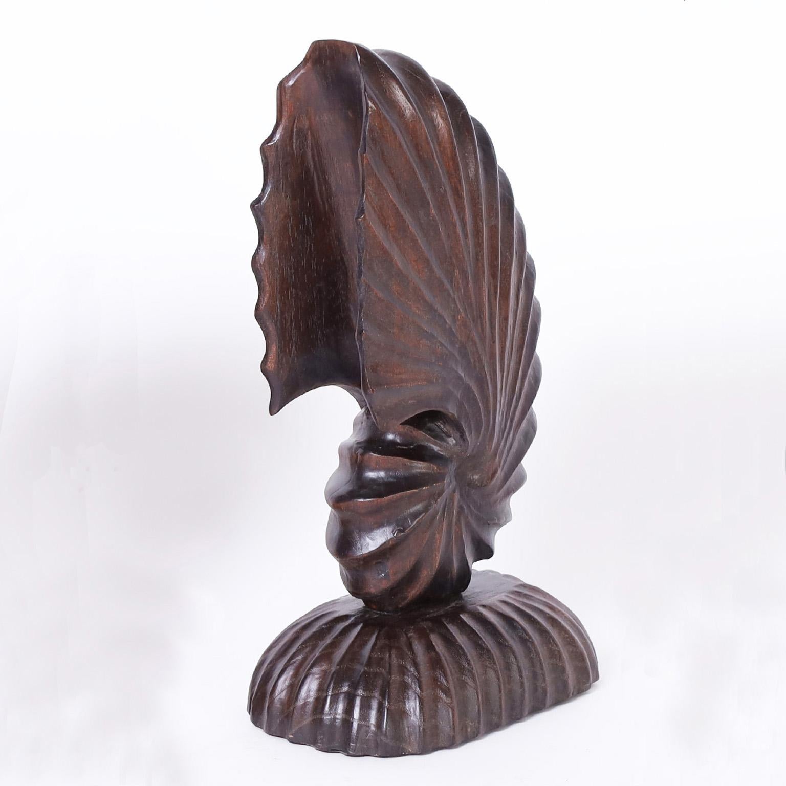 Hand-Carved Pair of Carved Wood Nautilus Shells For Sale
