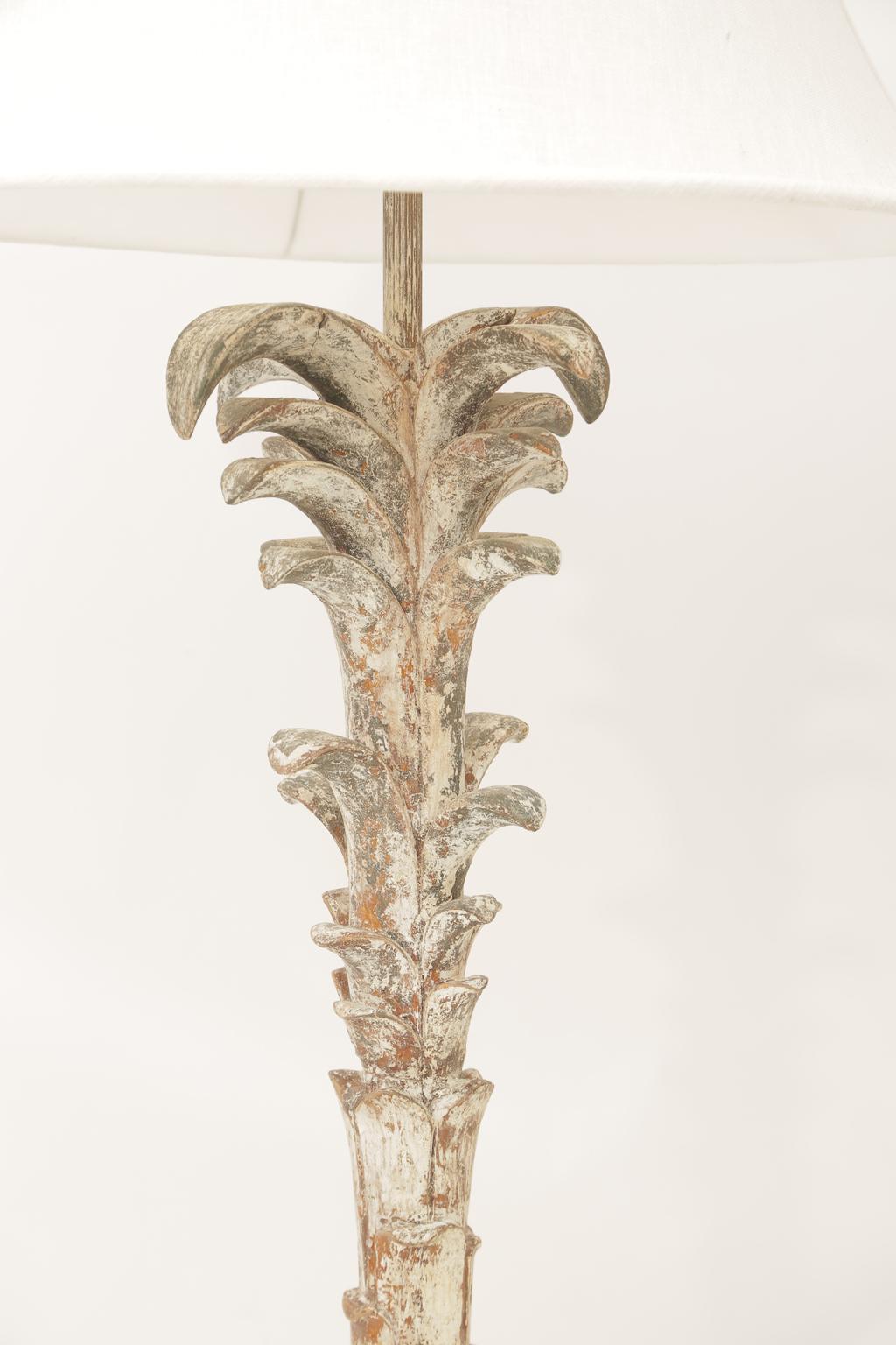 American Pair of Carved Wood Palm Tree Form Table Lamps
