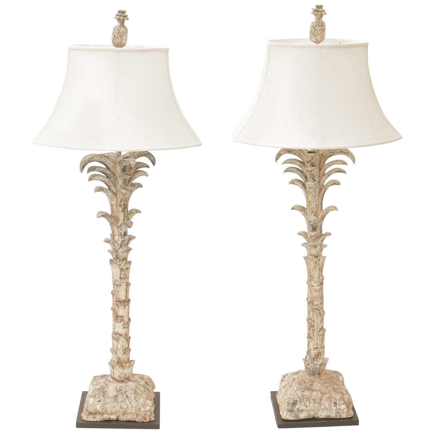 Pair of Carved Wood Palm Tree Form Table Lamps