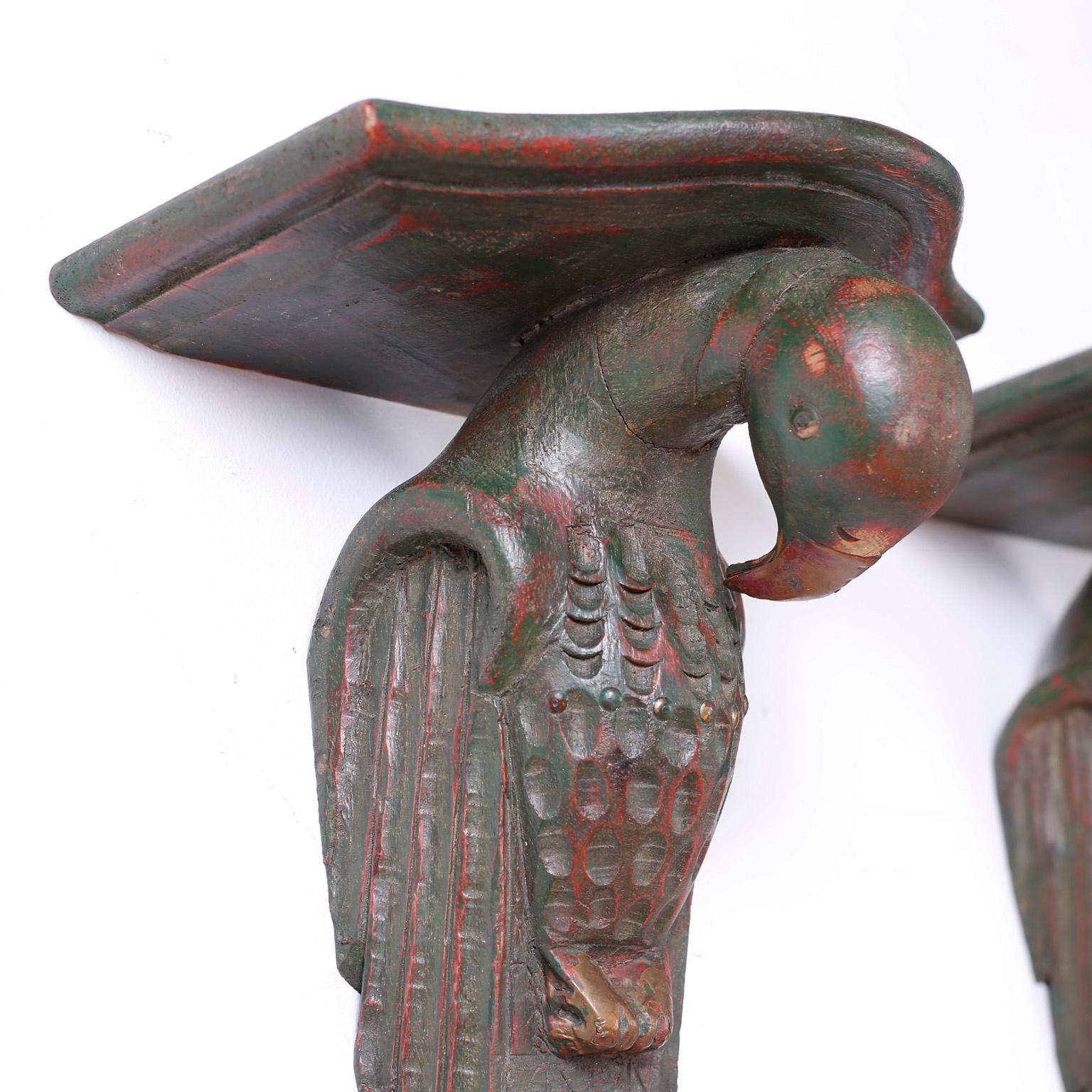 British Colonial Pair of Carved Wood Parrot Wall Brackets