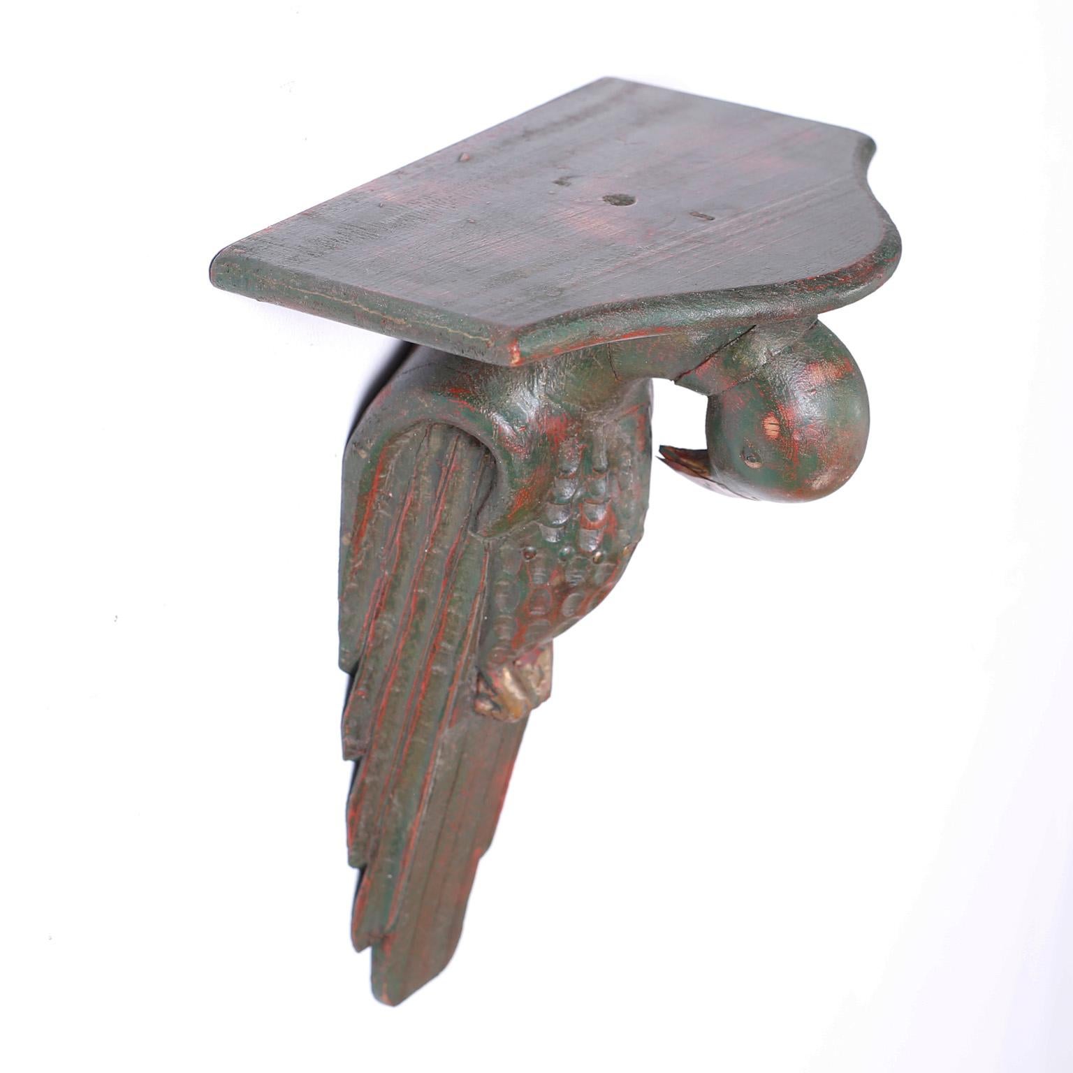 Indian Pair of Carved Wood Parrot Wall Brackets