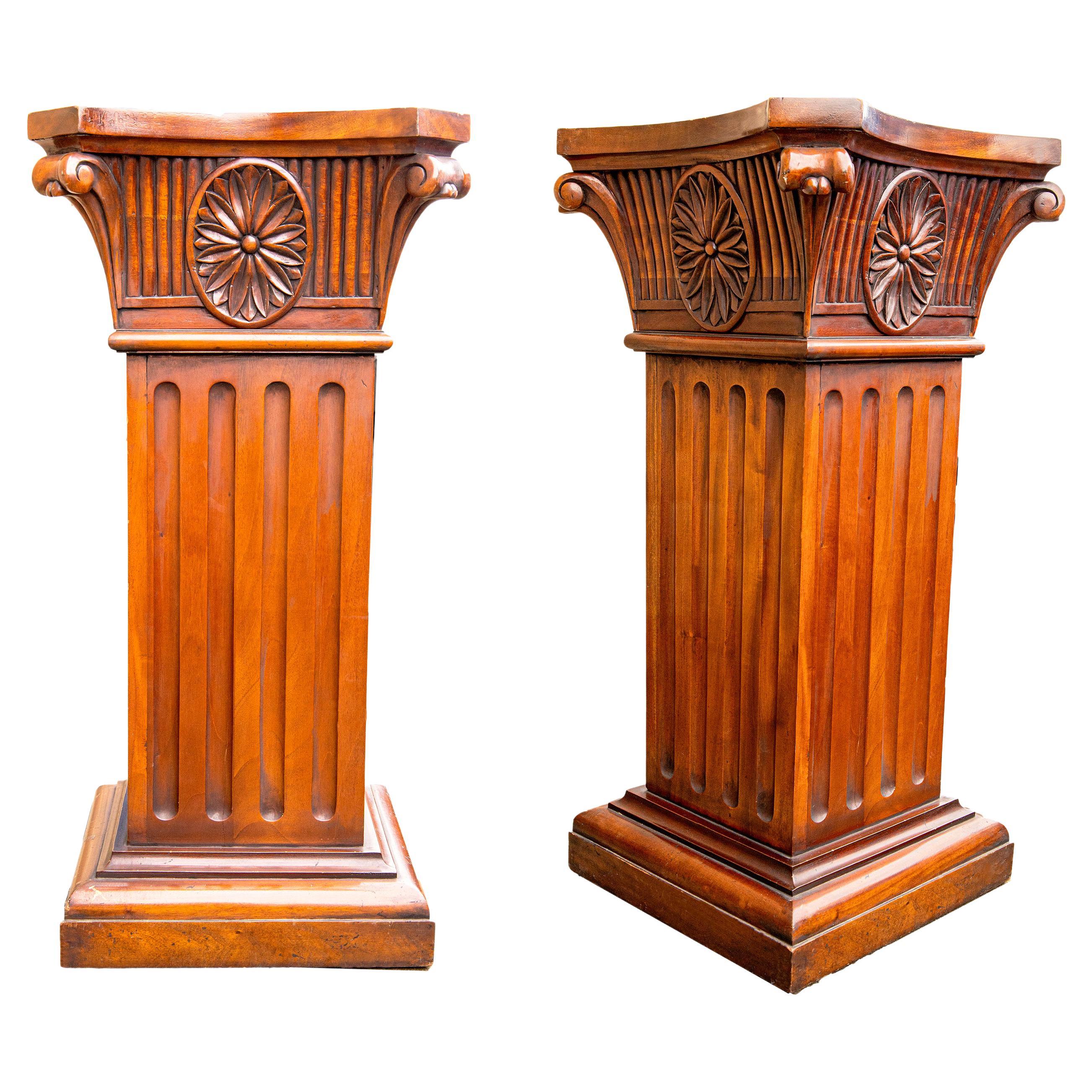 Pair of Carved Wood Pedestals with Secret Compartment