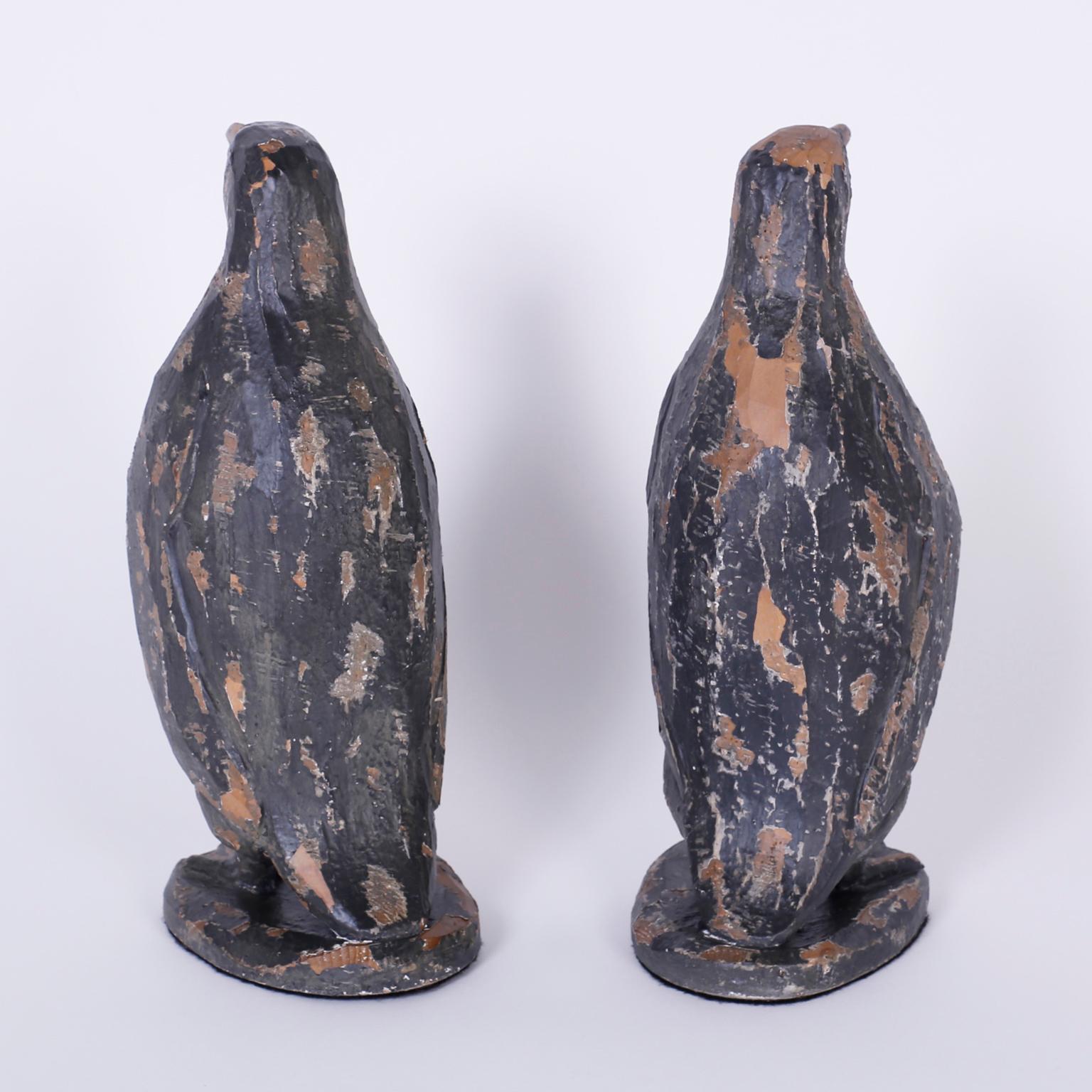 Primitive Pair of Carved Wood Penguins