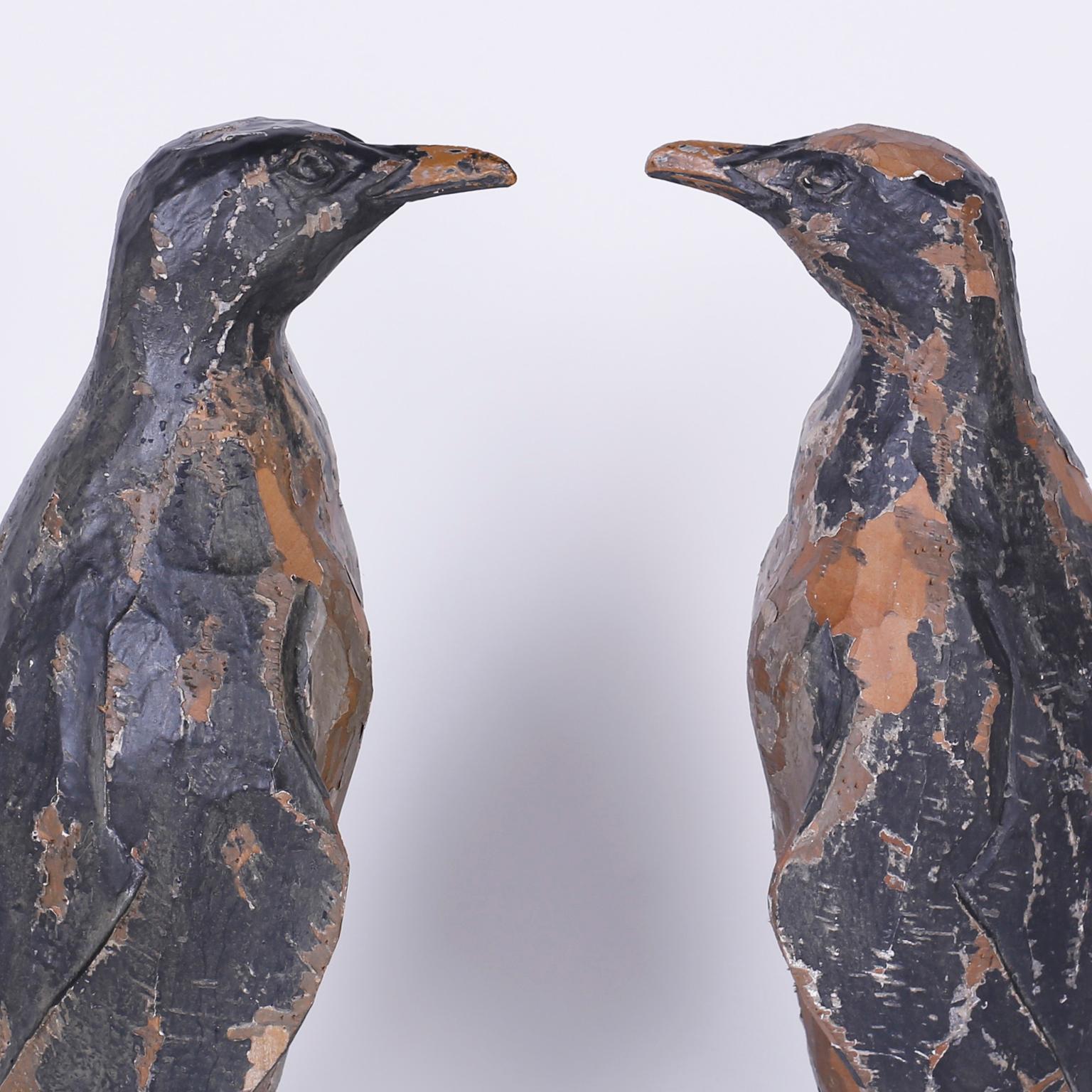 Chinese Pair of Carved Wood Penguins