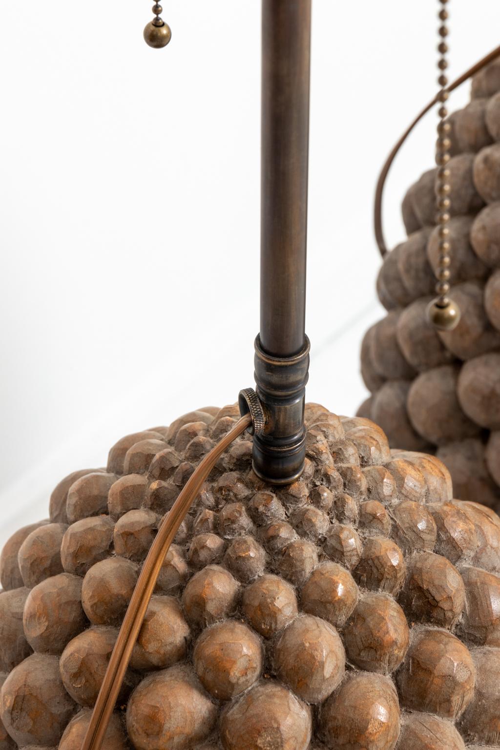 Mid-Century Modern Pair of Carved Wood Pineapple Lamps