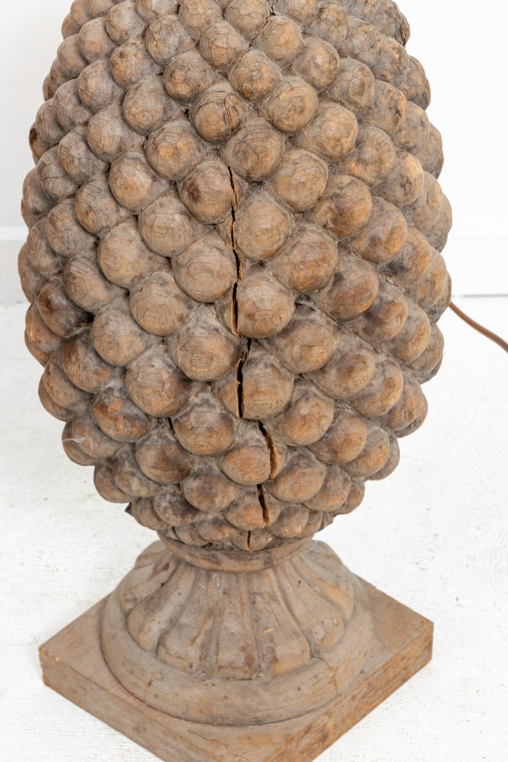 Pair of Carved Wood Pineapple Lamps In Fair Condition In Stamford, CT