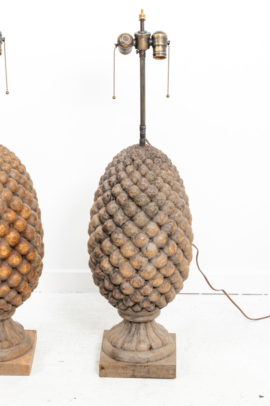 Pair of Carved Wood Pineapple Lamps 1
