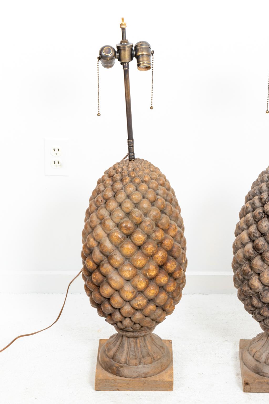 Pair of Carved Wood Pineapple Lamps 2